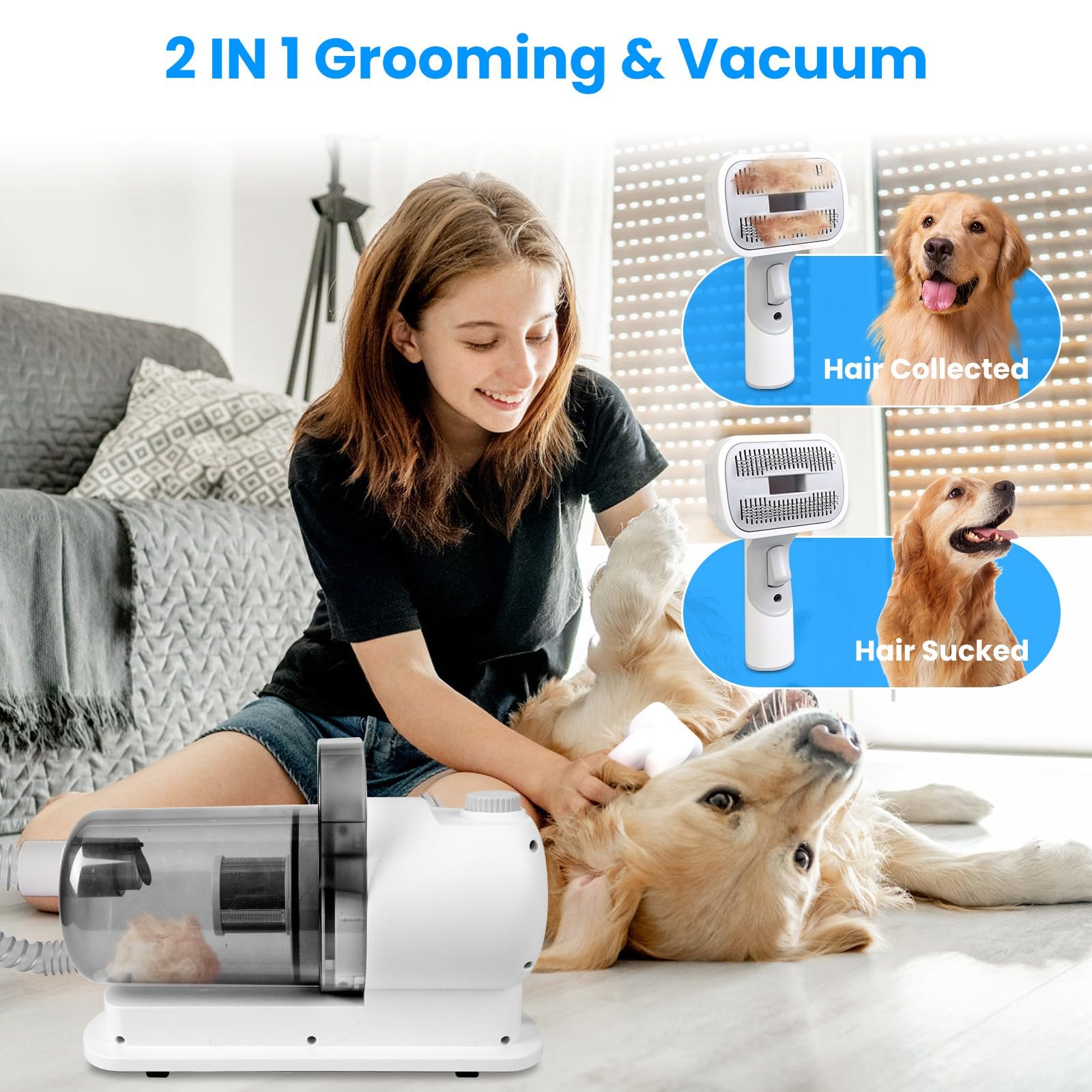 Moclever 7-in-1 Dog Grooming Vacuum Kit with 2.5L Dust Cup, 10000PA Suction, Low Noise, Hair Remover for Pet Shedding - Dog & Cat Grooming Supplies, Professional Pet Clipper & Shears