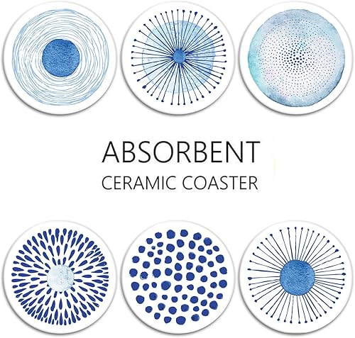 Miniatura 6 de Bribay Juego de 6 posavasos para bebidas, tapete redondo absorbente de piedra de cerámica con base de corcho y soporte de metal, círculos de