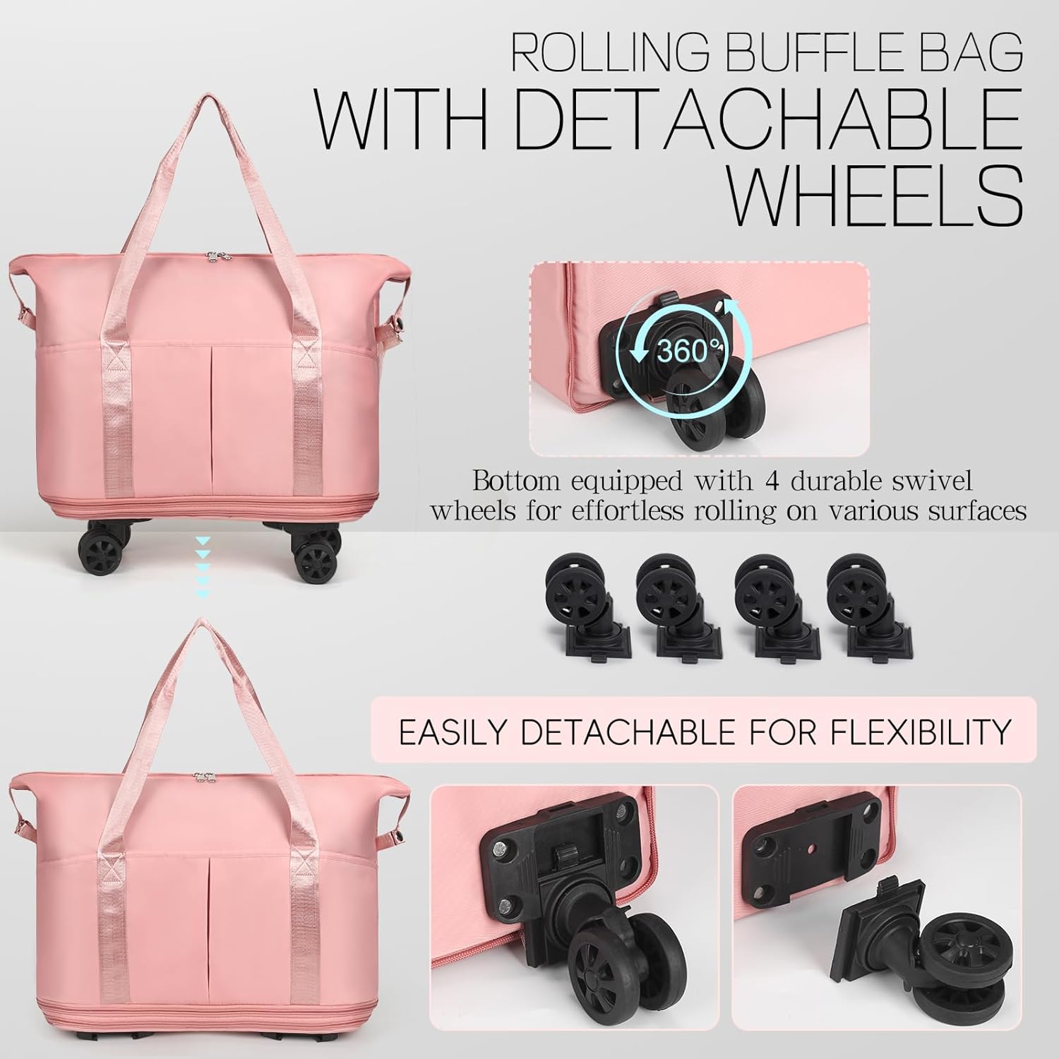 VOOWO Duffel Bag with Wheels - Rolling Foldable Expandable Duffle bags for Travel, Rolling Under Seat Luggage Carry On Travel Bag, Large Wheeled Overnight Weekender Bag (Pink) - Image 5