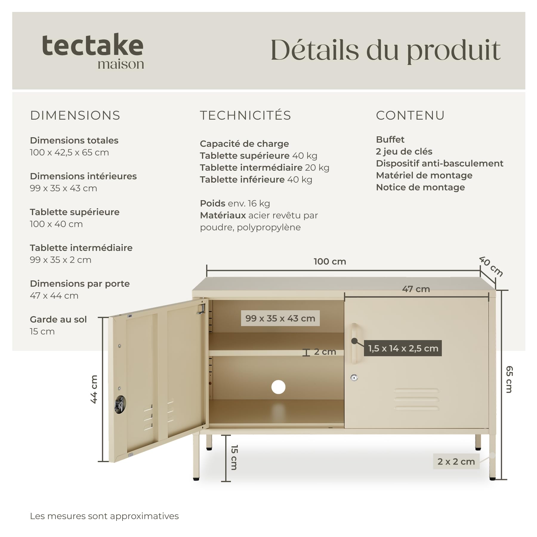 tectake® Buffet métallique 100x42,5x65 cm, Meuble de Rangement Style Industriel, 2 Portes à Fermeture magnétique et 2 Jeux de clés, Etageres Ajustables, Meuble TV, Buffet Salle a Manger Salon Bureau