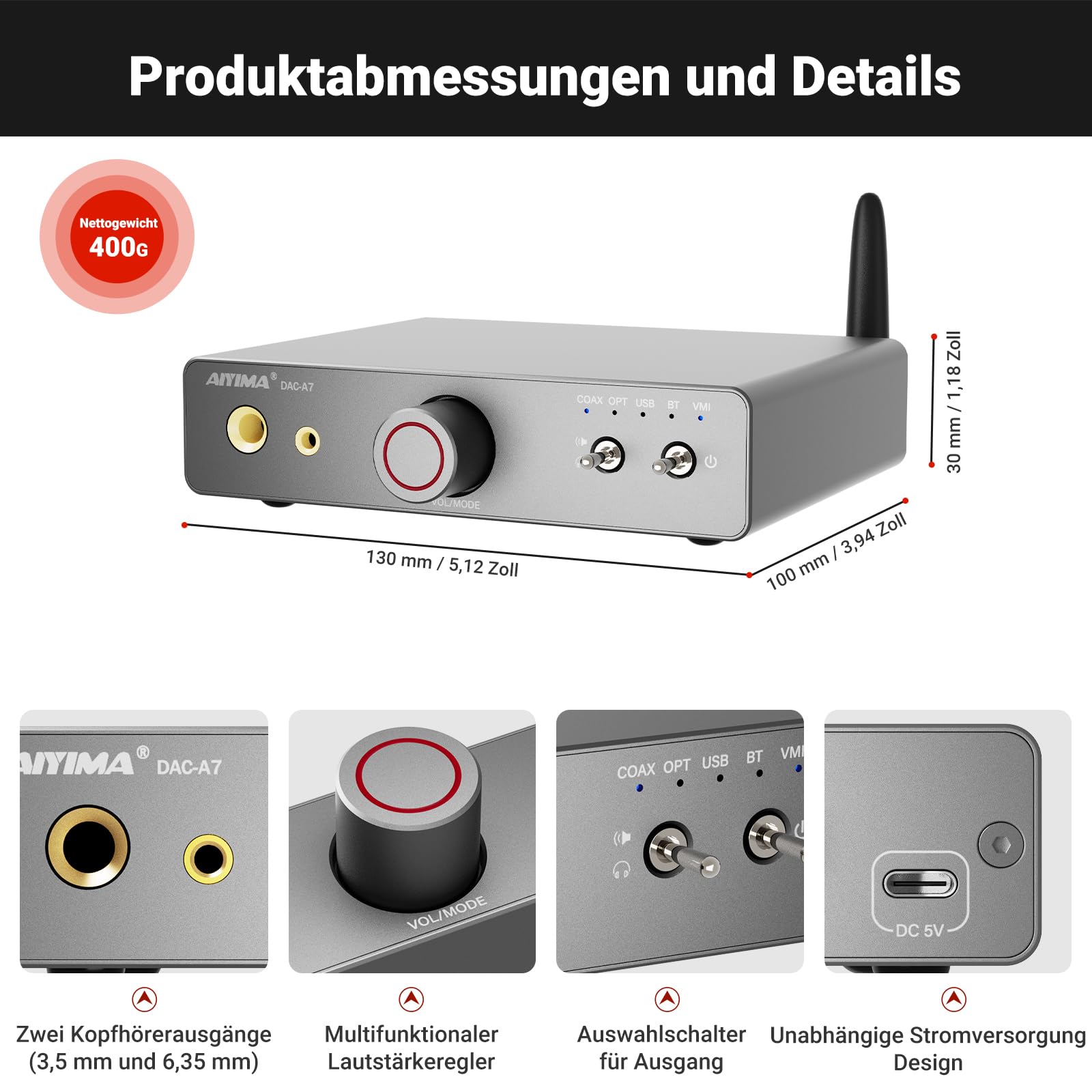 AIYIMA DAC A7 Bluetooth 5.4 Dekodierender Kopfhörerverstärker HiFi 3,5 mm + 6,35 mm Dual-Kopfhörerausgang, mit ES9038Q2M DAC 24 Bit 192 kHz Unterstützt USB-/optischen/koaxialen/Bluetooth-Eingang