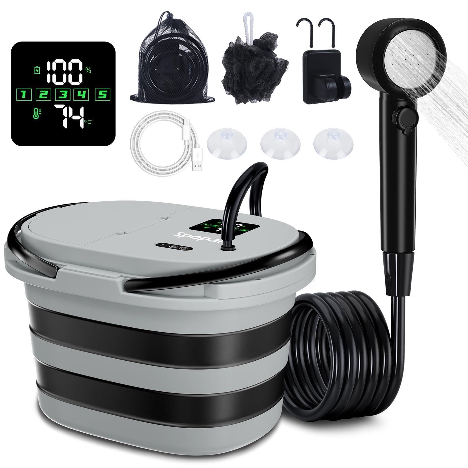 Spopal Ducha Portatil Camping, [13000mAh] [Pantalla Led] Bomba De Ducha Eléctrica y Cubo Plegable De 20L, Ajustable De 5 Velocidades, para Senderismo Al Aire Libre, Limpieza De Jardines Y Mascotas