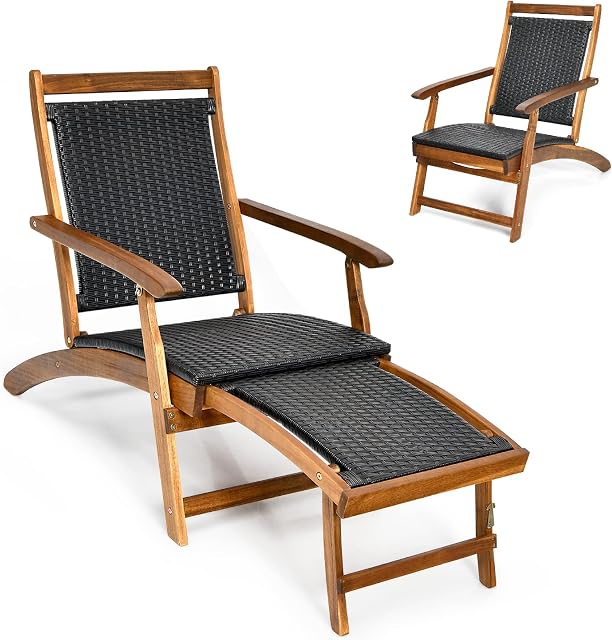 COSTWAY Folding Sun Lounger, Acacia Wood Rattan Deck Chair with Retractable Footrest, All-Weather Outdoor Chaise Lounge Patio Sunbed for Garden, Balcony and Poolside (Brown, without Wicker Side Table)