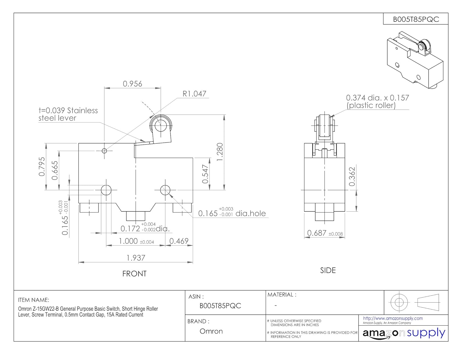 Omron Z-15GW22-B General Purpose Basic Switch, Short Hinge Roller Lever, Screw Terminal, 0.5mm Contact Gap, 15A Rated Current