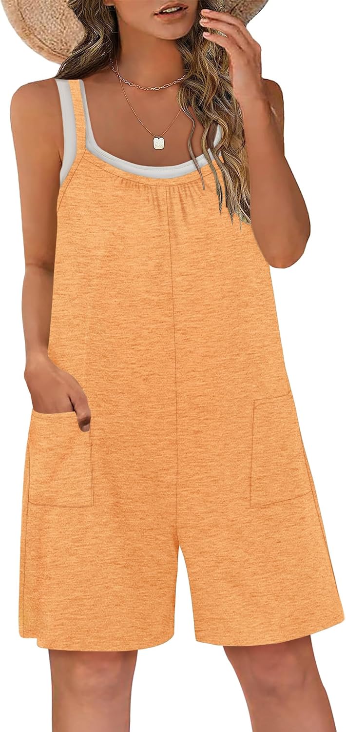 Vigorics Casual Rompers for Women Summer 2025 Sleeveless Adjustable Strap Shorts Jumpsuits Stretchy Romper with Pockets