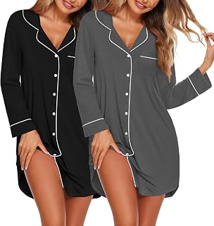 2 Pack Nightgowns for Women Long Sleeve Night Shirt Button Down Sleep Shirt V-Neck Sleep Dress Pajama Sleepwear