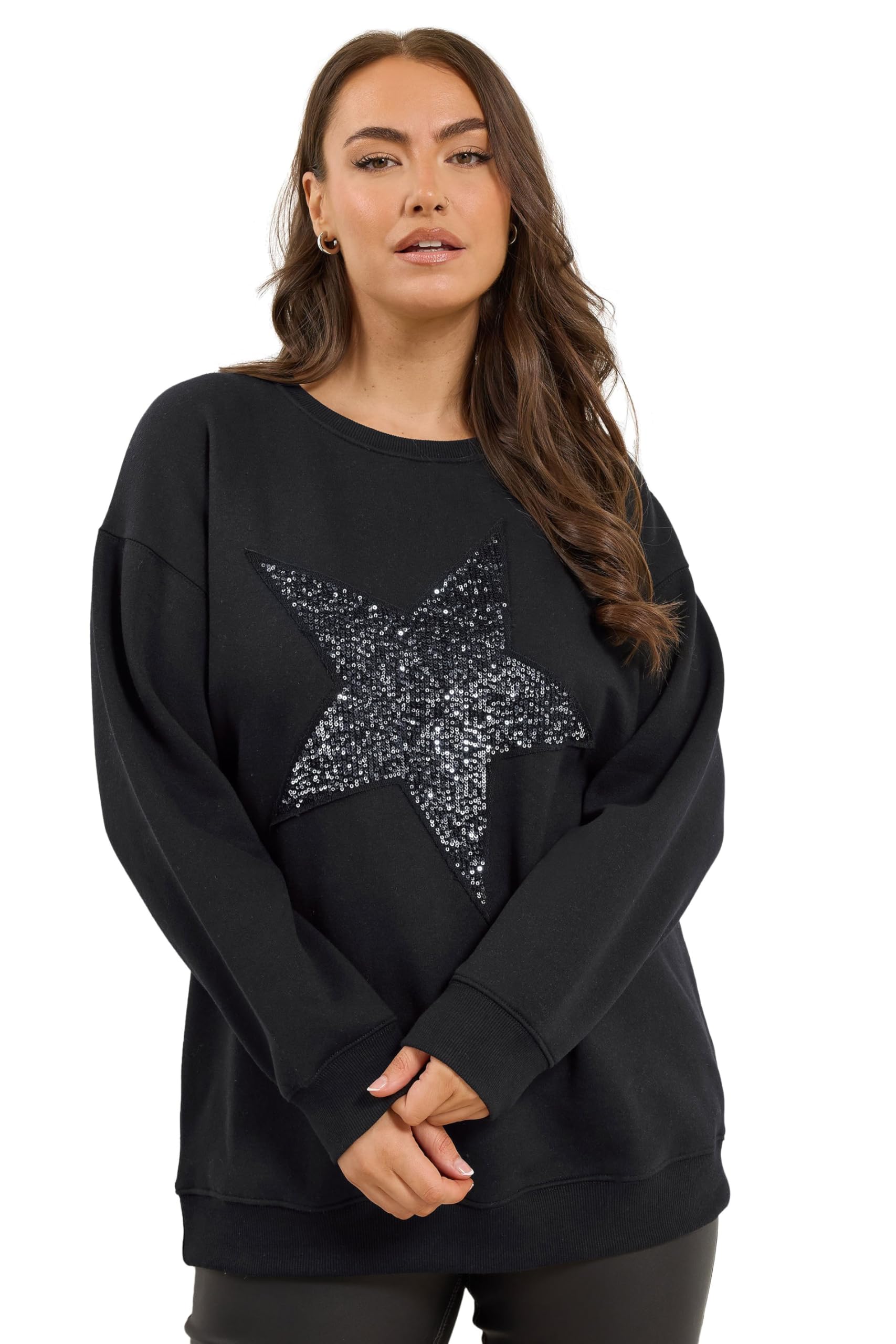 Yours Women's Black Curve Sequin Embellished Star Sweatshirt - Plus Size Curve