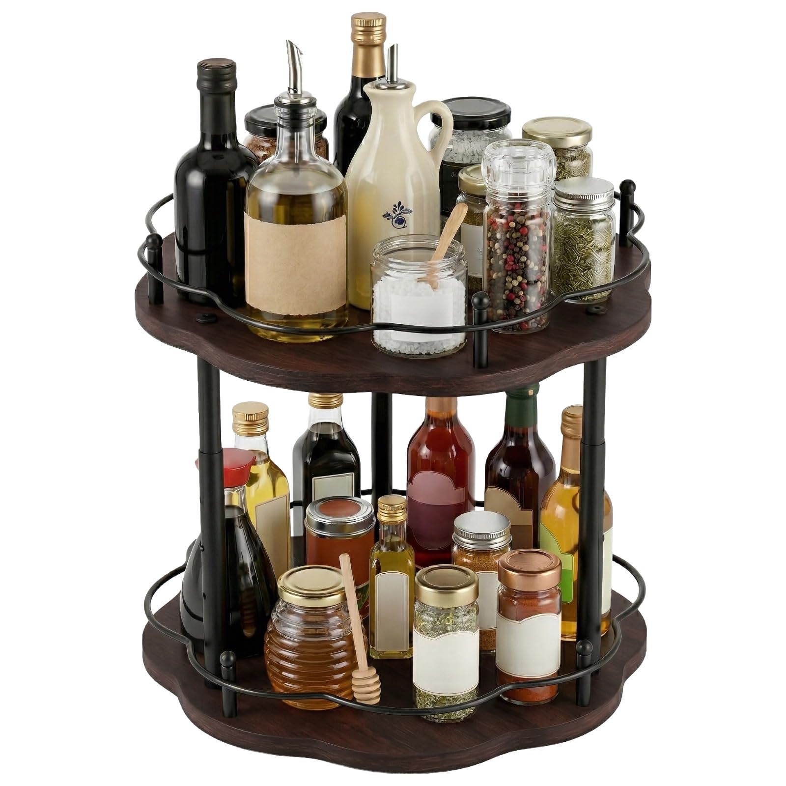 Organisateur Lazy Susan en bois à 2 niveaux, rangement d'épices tournant de 12,99 po, plateau supérieur réglable, rotation 360°, pour plan de travail de cuisine, cosmétiques, garde-manger