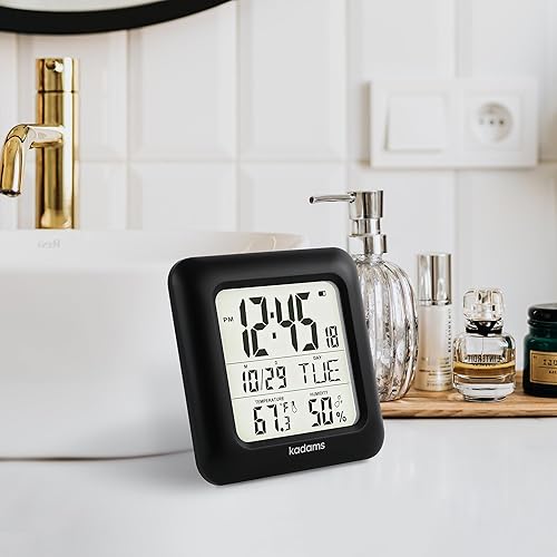 Miniatura 4 de KADAMS Reloj de pared de cocina de 9.5 pulgadas con pantalla LCD grande, reloj de ducha con ventosa, temperatura, humedad, calendario, resistente al
