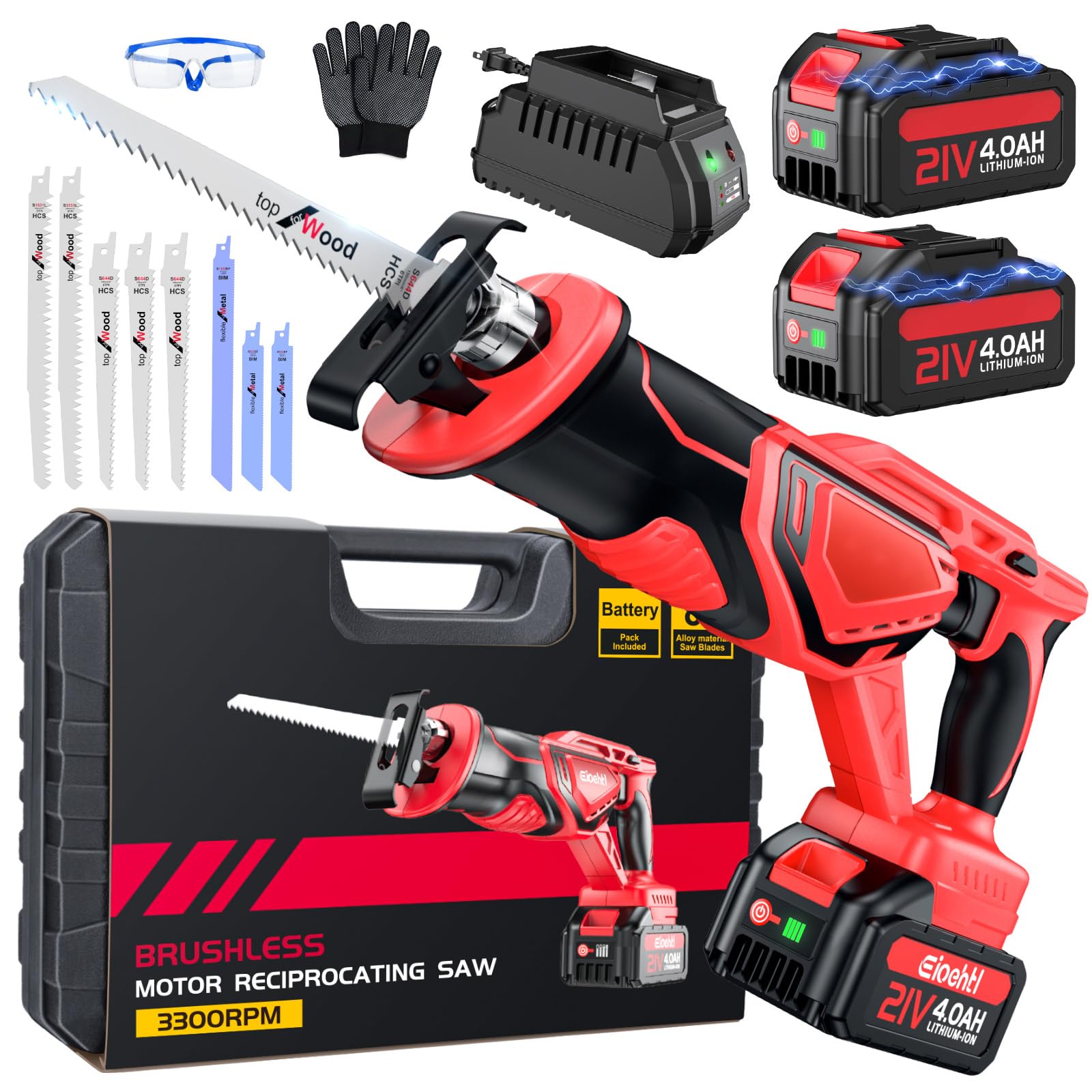 XIAZIR Säbelsäge Akku, verbesserter 3500 SPM geräuscharmer bürstenloser Motor, Hochleistungsbatterien 2 * 21V 4.0 Ah Extended Standby, 8-teiliger vielseitiger Satz legierter Stahlklingen