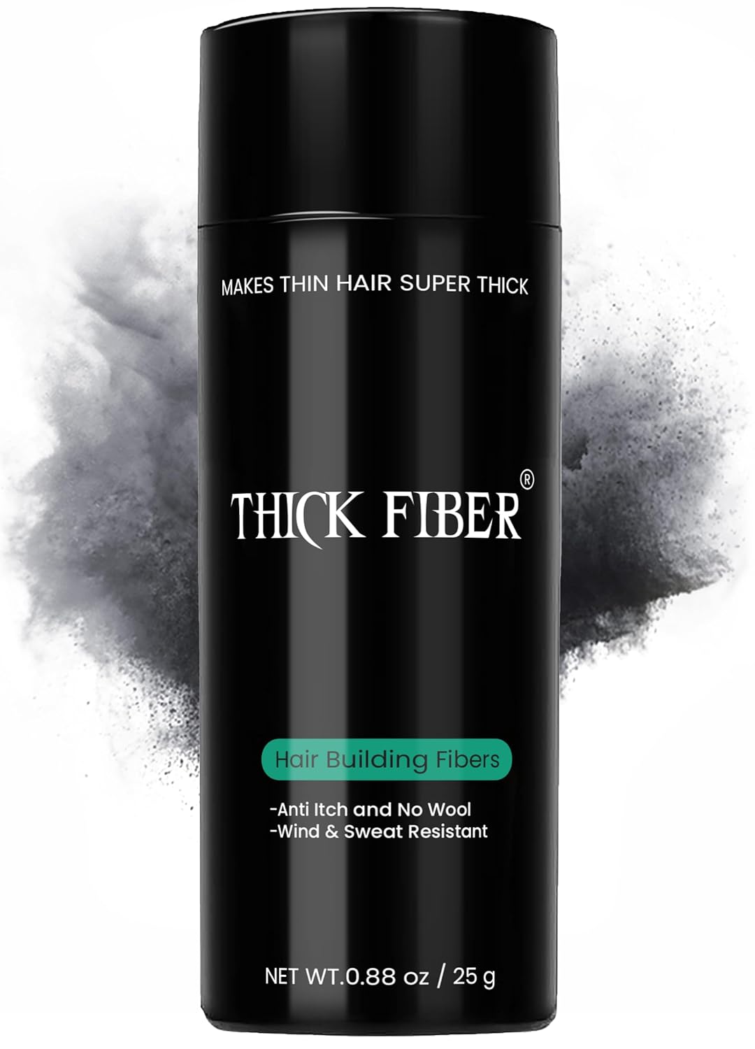 THICK FIBER Hair Fibers for Thinning Hair & Bald spots (BLACK) – 25g Bottle – Conceals Hair Loss in Seconds – Hair Powder for Women & Men