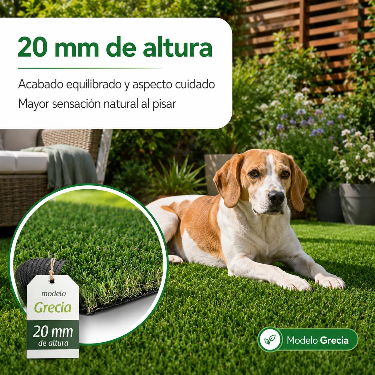 Césped Artificial Premium 20mm, Rollo 2x20 Metros, Modelo Grecia, 15.750 Puntadas, 5.000Dtex. Máximo Realismo, Alta Densidad, Ideal para Exteriores, Piscinas, Terrazas y Jardín