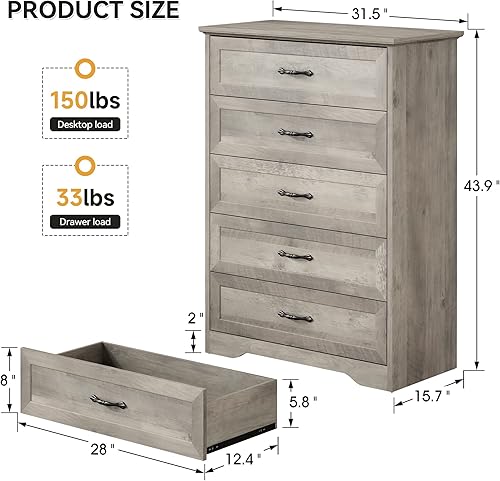 Miniatura 3 de Cómoda para dormitorio con 5 cajones, cómoda alta con cómoda, cómoda de madera para sala de estar, guardería, pasillo, gris