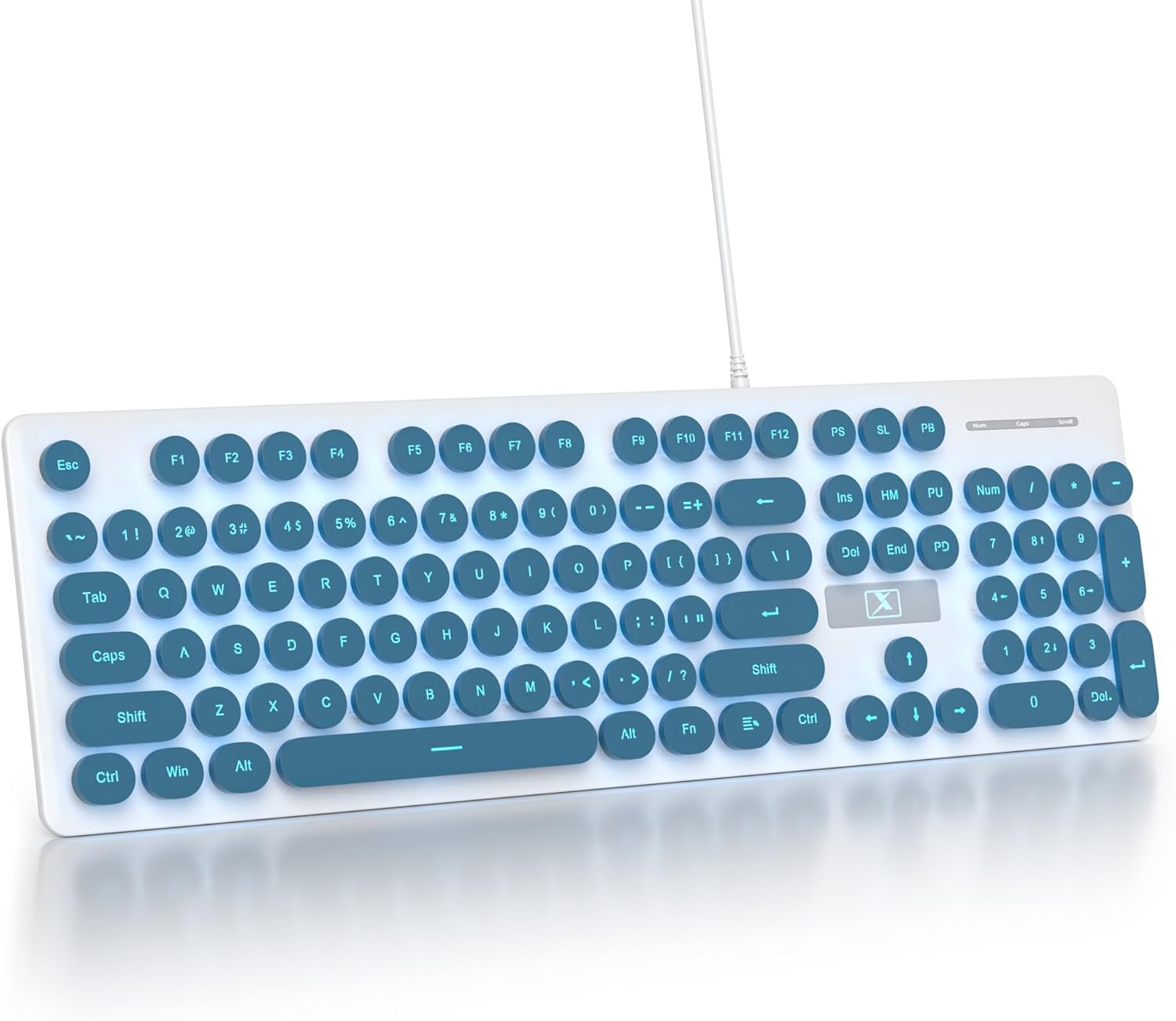 Retro Typewriter Blue Keyboard Full Size, 104 Keys LED Backlit Wired Membrane Keyboard with Number Pad, Ultra Slim Quiet Home/Office Computer Keyboard for PC, Laptop, Desktop (Blue)