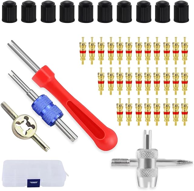45 Pcs Valve Core Remover Tool, Car Bike Tyre Valve Core Tool Set with Dual & Single Head Valve Core Remover Tire Repair Tool,1 Pcs 4-Way Valve Tool, 12 Pcs Tire Valve Caps, 30 Pcs Valve Cores (Blue)