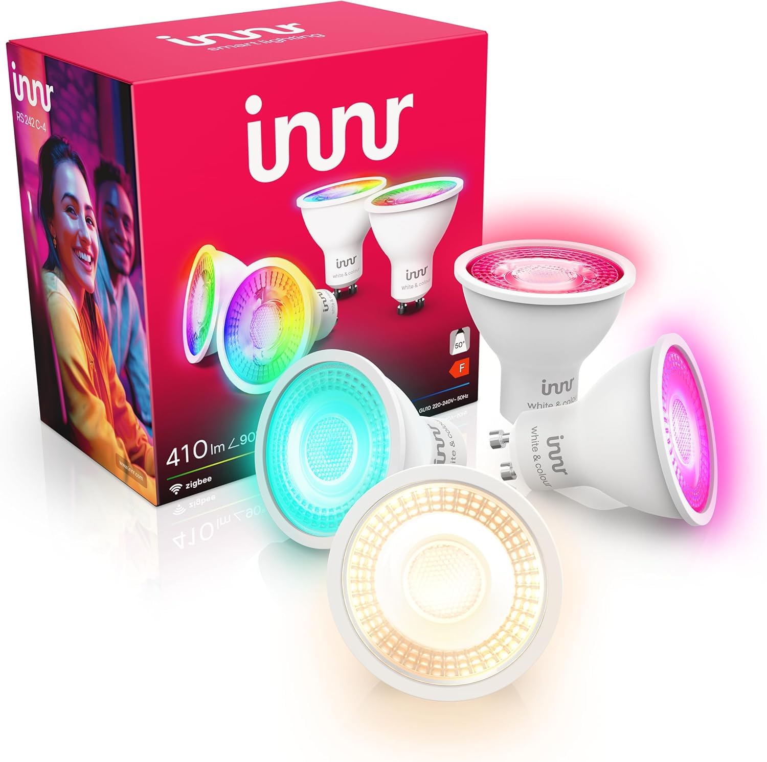 innr innr Zigbee GU10 Smart LED Spot, funktioniert mit Hue* und Alexa (Bridge erforderlich), White & Color, 16 Millionen Farben, smart LED Lampe, 410 lumen, dimmbar, 4 Stück