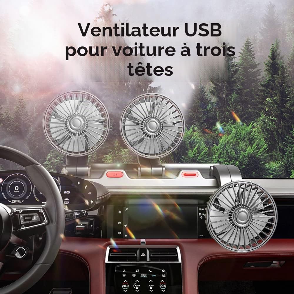 Baceyong Ventilateur de voiture, ventilateur automatique rotatif à 360 degrés 5 V électrique 3 têtes de circulation d'air de refroidissement, ventilateur d'air de refroidissement de voiture portable