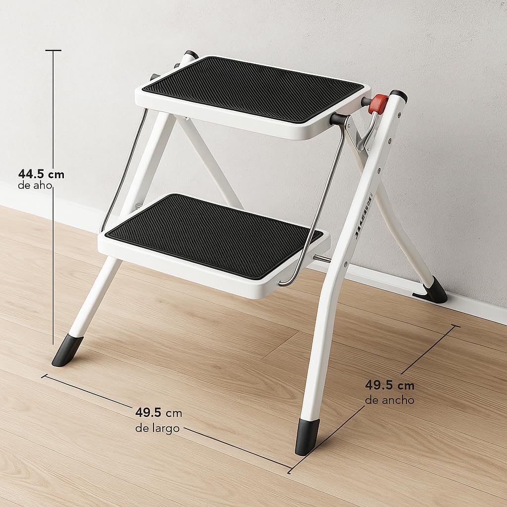 TIENDA EURASIA - Escalera de 2 Peldaños, Plegable de Aluminio, con Superfice Antideslizante, Resistente hasta 150 Kg, Estructura de Tijera de 48,5 x 44,5 x 49,5 cm
