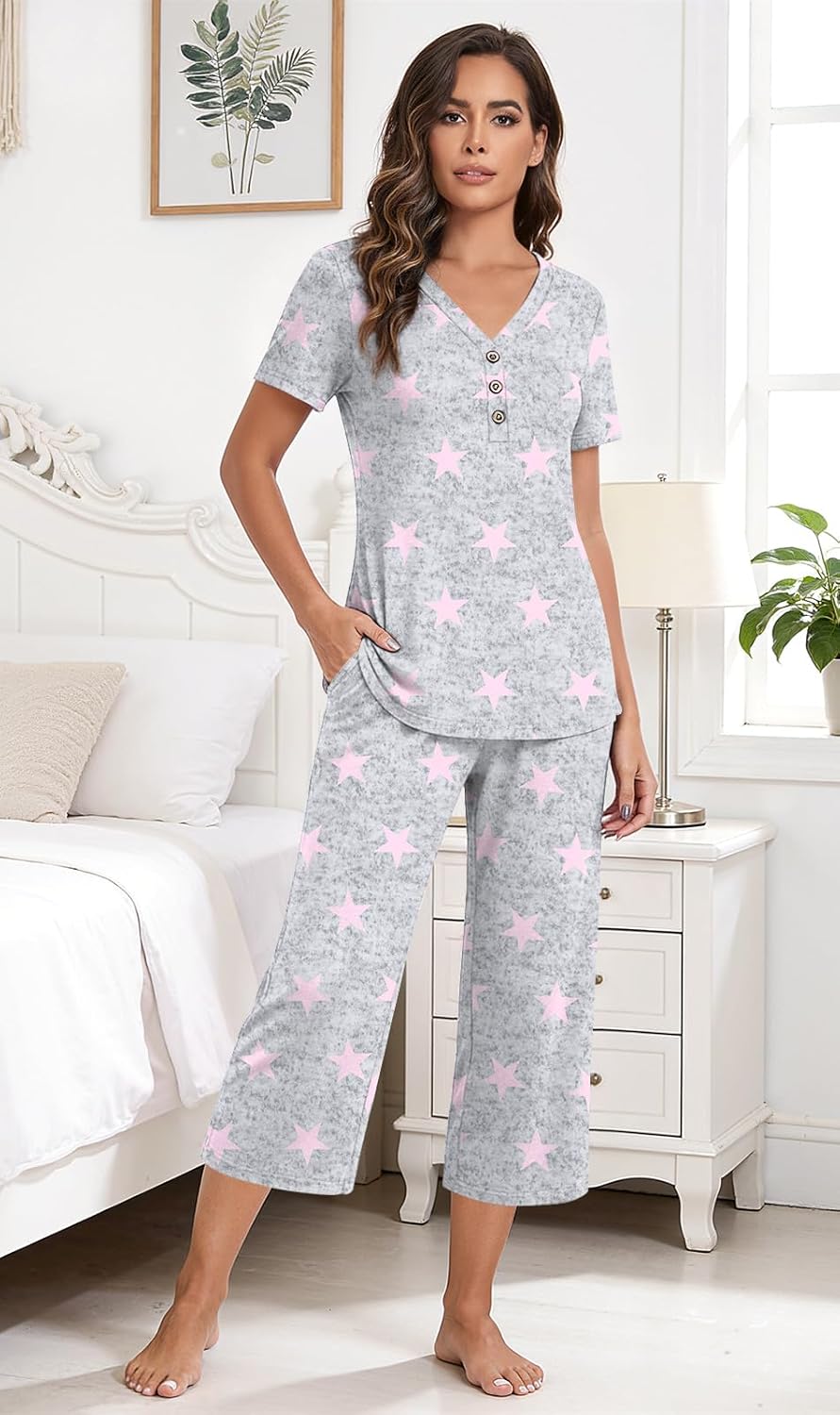 Anyally Women's Pajama Set Plus Size Short Sleeve Top and Pants 2 Piece Lounge Sets Summer Ladies Pjs Sets - Image 2