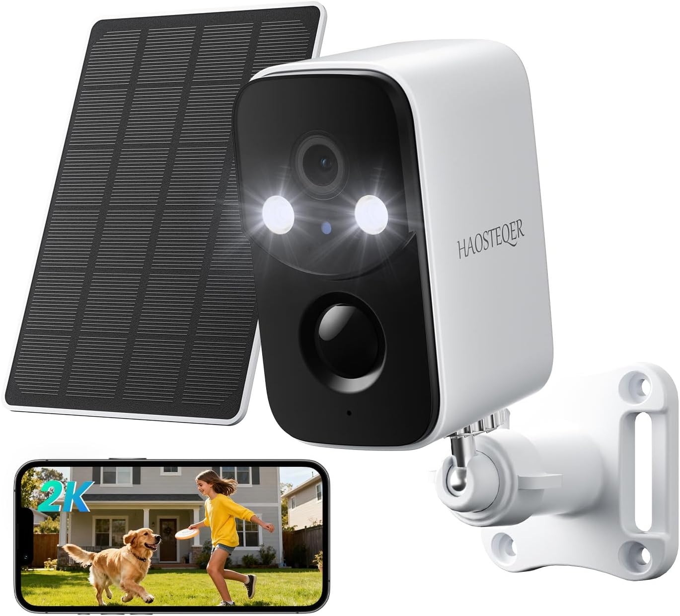 Solar Security Cameras Wireless Outdoor, WiFi Cameras for Home Security, Motion Detection, Instant Phone Notifications, Free Cloud Storage(Need Apply)/SD Storage, 2K Color Night Vision, IP66
