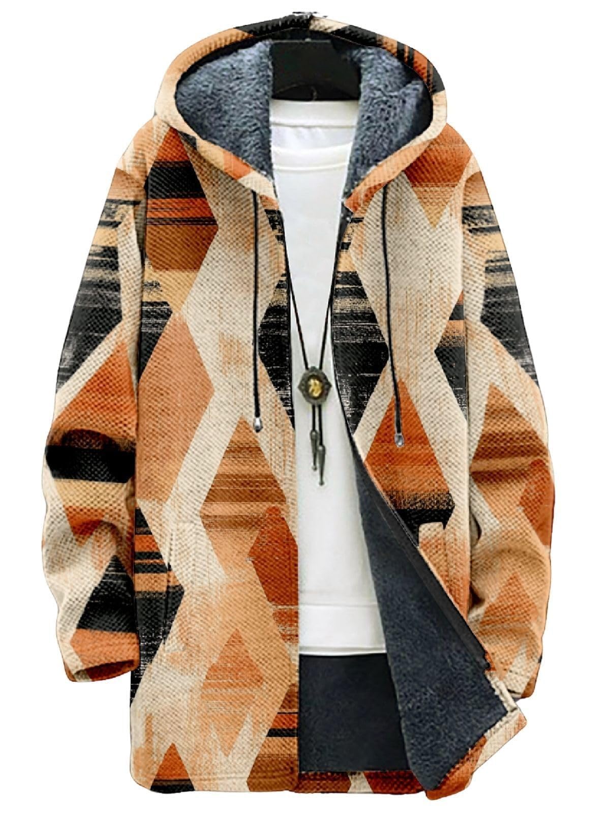 2025 Men's Ethnic Pattern Hooded Jacket Long Cardigan Hoodies Full Zip Vintage Knitted Zipper Coat with Pocket