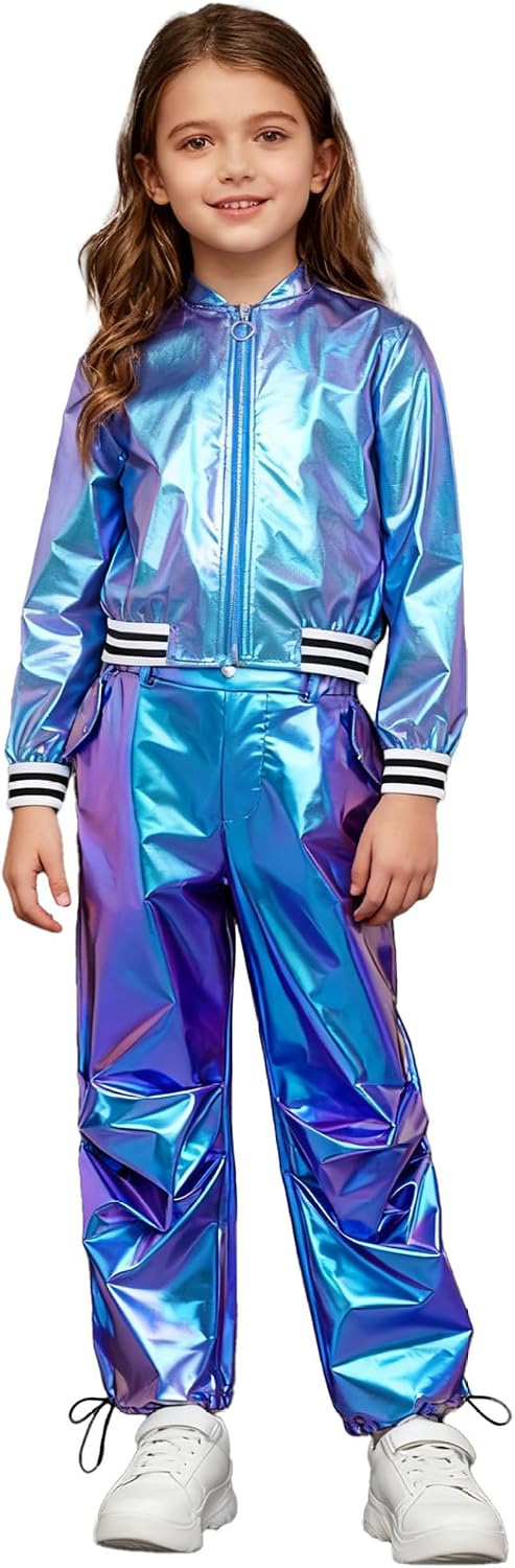Kids Girls Metallic Bomber Jacket with Jogger Cargo Pants Shiny Street Hip Hop Jazz Dance Outfit Tracksuit Blue 10 Years