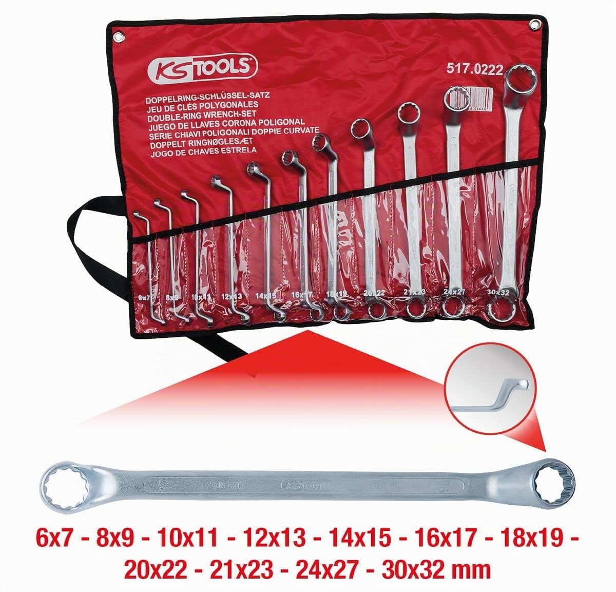 KS Tools 517.0222 - Pack de 11 piezas con llaves poligonales doble, acodadas 75°, bocas pulidas (tamaño: 6 x 7-30 x 32 mm)