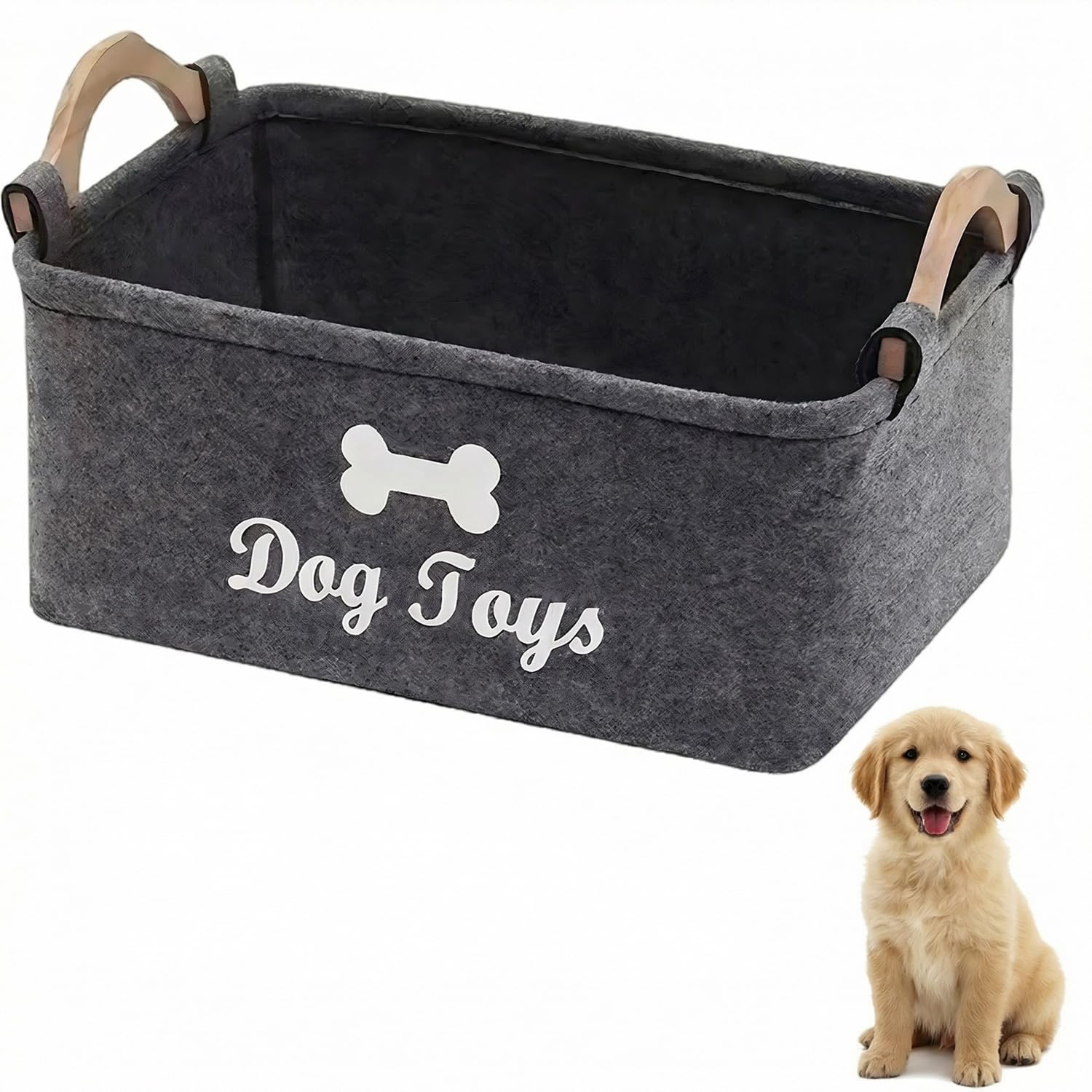 YDUDUM Dog Toy Box, 15 x 10 x 7 inches Dog Toy Storage Dog Toy Basket With Wooden Handle Grey Black Rectangular Toy Box for Dogs