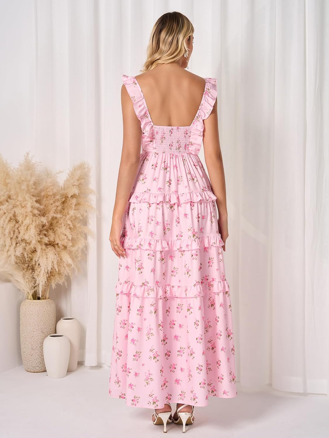 EYNMIN Women's Summer Floral Boho Maxi Dress Tiered Ruffle Smocked Long Flowy Beach Wedding Guest Dresses Casual Sundress