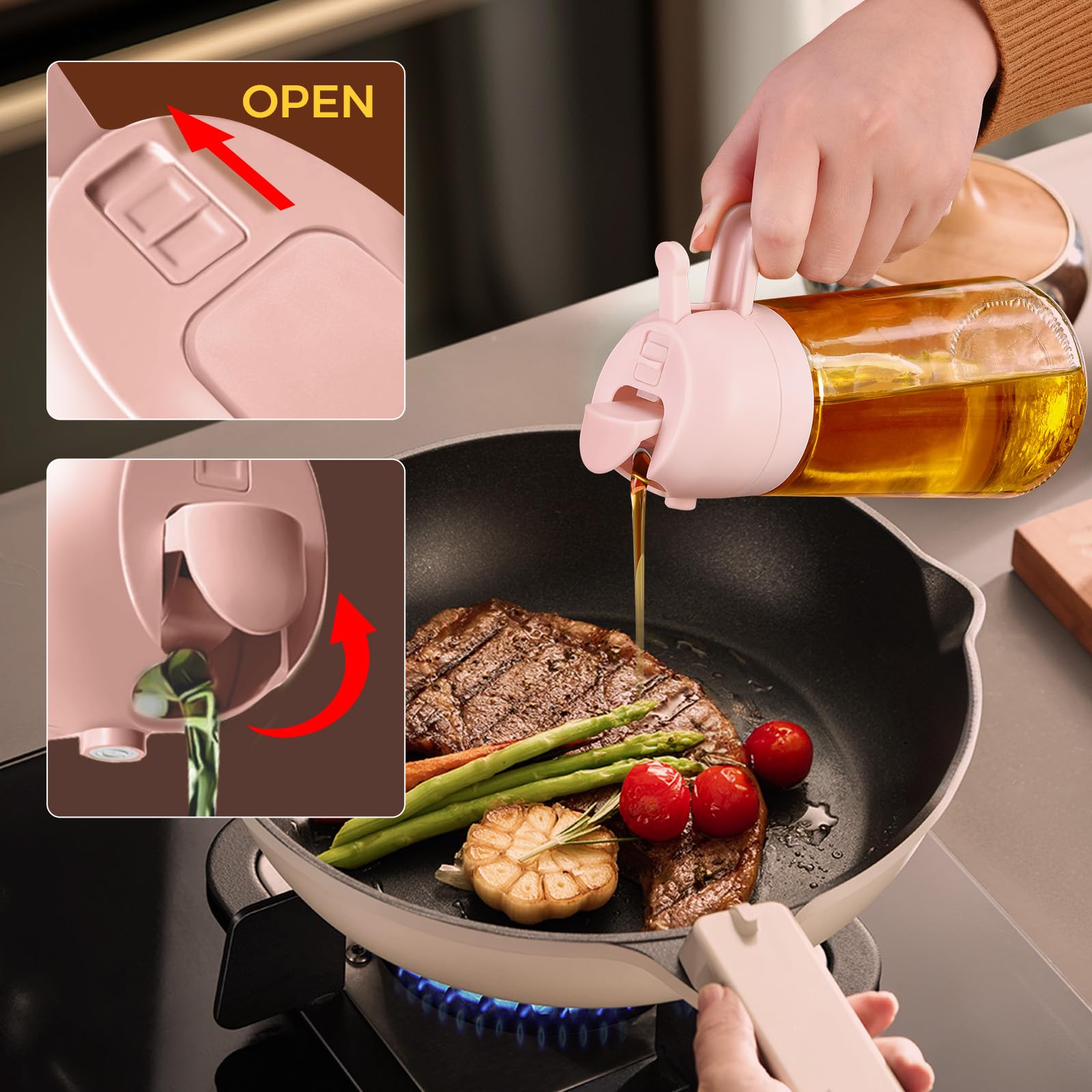 YARRAMATE 4er-Pack 16 oz Glas-Olivenölzerstäuber für Kochen, 2-in-1 Ölzerstäuber & Spenderflaschen-Set mit rosa Geschenkbox, Ölzerstäuberflasche für Heißluftfritteuse, Salat, BBQ – Küchenhelfer.