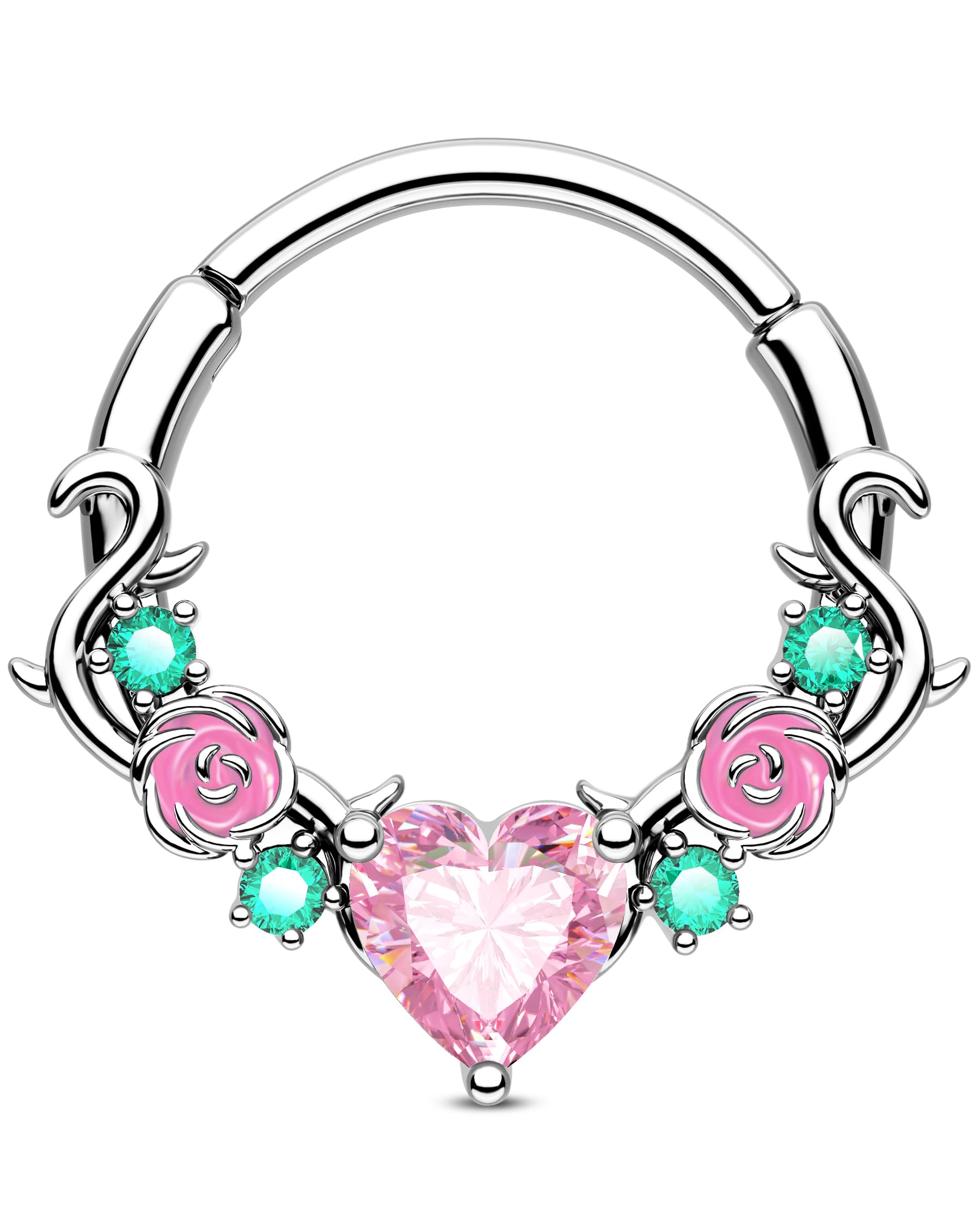 Rose Septum Rings 16G Hinged Segment Rings 316L Stainless Steel Daith Earrings Heart CZ Septum Daith Helix Cartilage Piercing Jewelry for Women