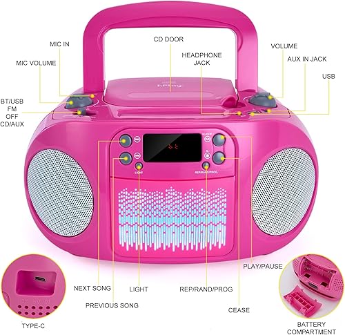 Miniatura 4 de hPlay GC09 Kids Boombox, reproductor de CD, conectividad Bluetooth para teléfonos inteligentes, conectividad AUX, USB, radio y MP3, función de