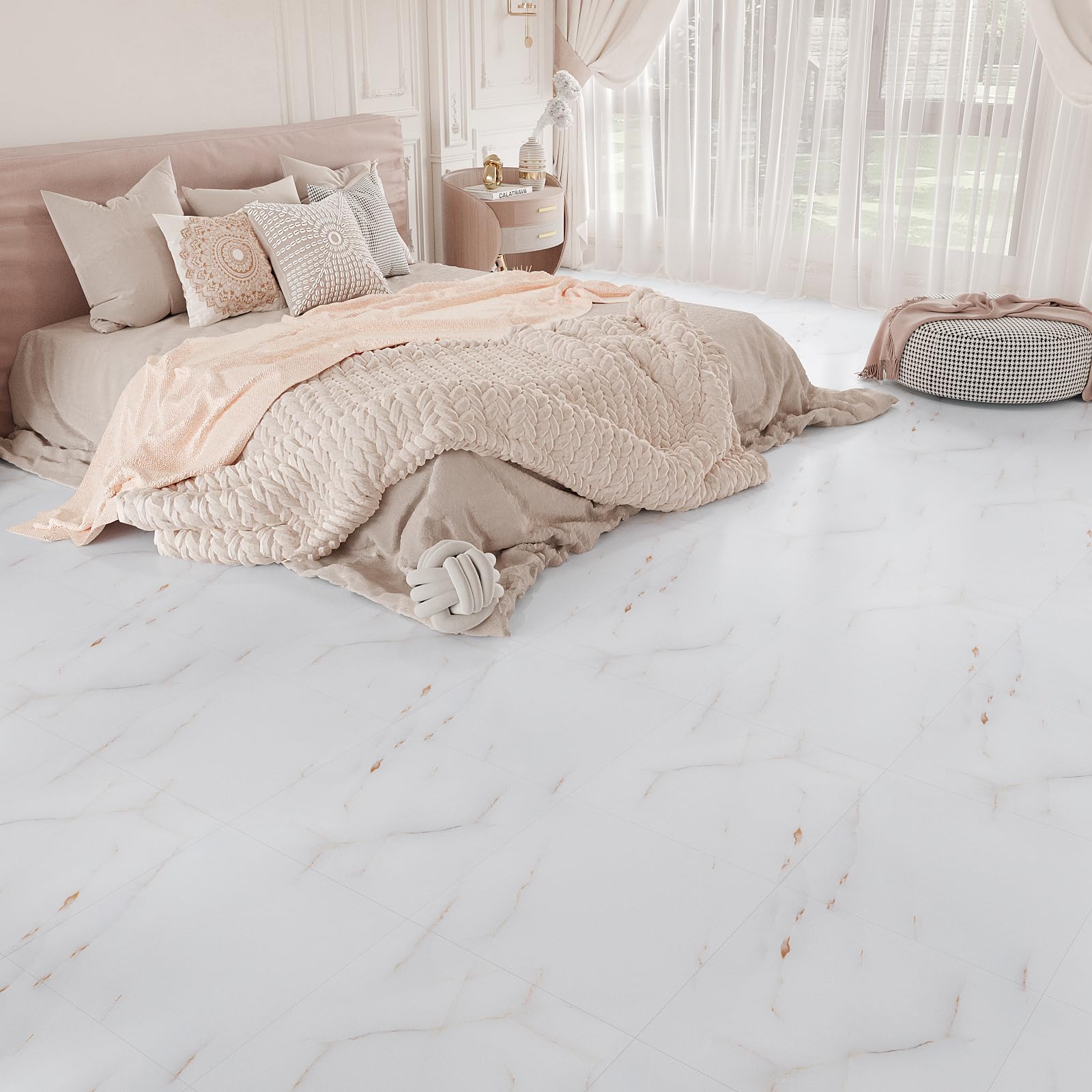 VEELIKE Pavimento PVC Adesivo Marmo Bianco Oro 24 Pezzi Piastrelle Adesive Pavimento Bagno Spesso Adesivi per Piastrelle Marmo Bianca per Cucina Camera da Letto Garage Impermeabile 30 cm x 30 cm