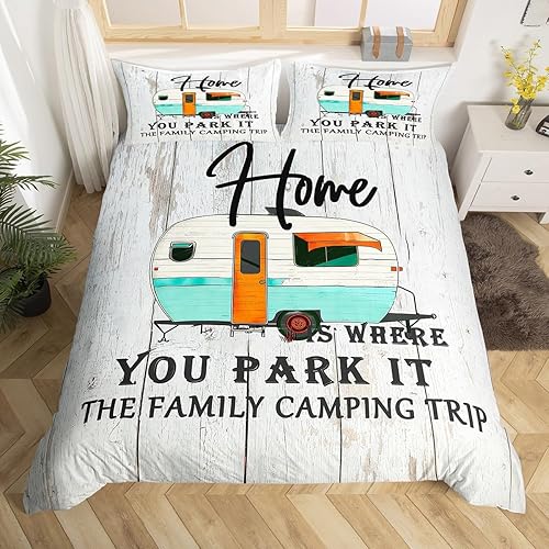 Funda de edredón Happy Camping Queen para niños y niños, juego de ropa de cama con 2 fundas de almohada, funda de edredón rústica de 3 piezas, suave