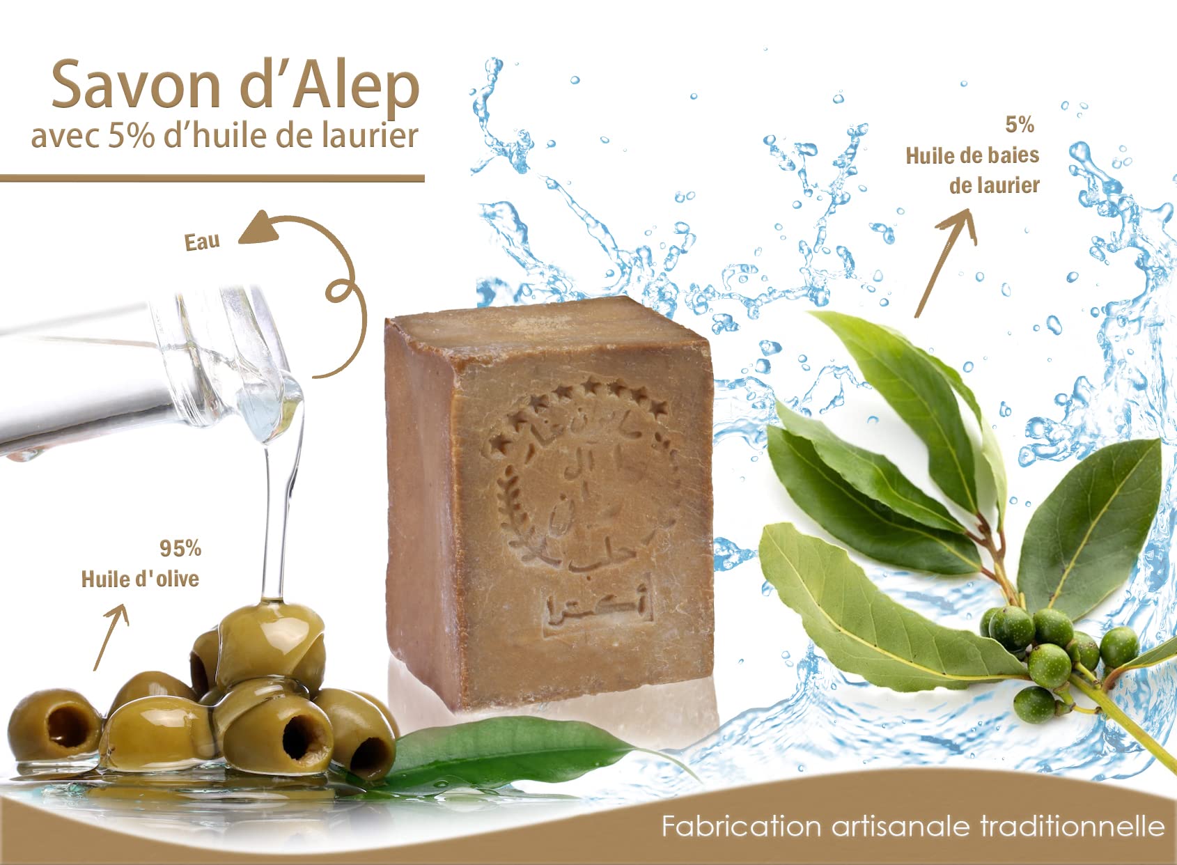 TUMELO Savon d'Alep Original 4 x 200g (800g) 95% d'huile d'olive 5% d'huile de baies de laurier + Sac de Salvon - Savon naturel - Savon solide pour les cheveux/Savon de douche