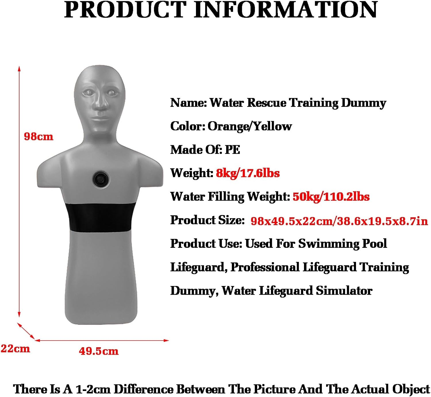 Water Training Dummy,Realistic Fire Training Model(98x49.5x22cm),Plastic Drowning Prevention Teaching Tools,3 Inlet and Outlet Holes(Orange)