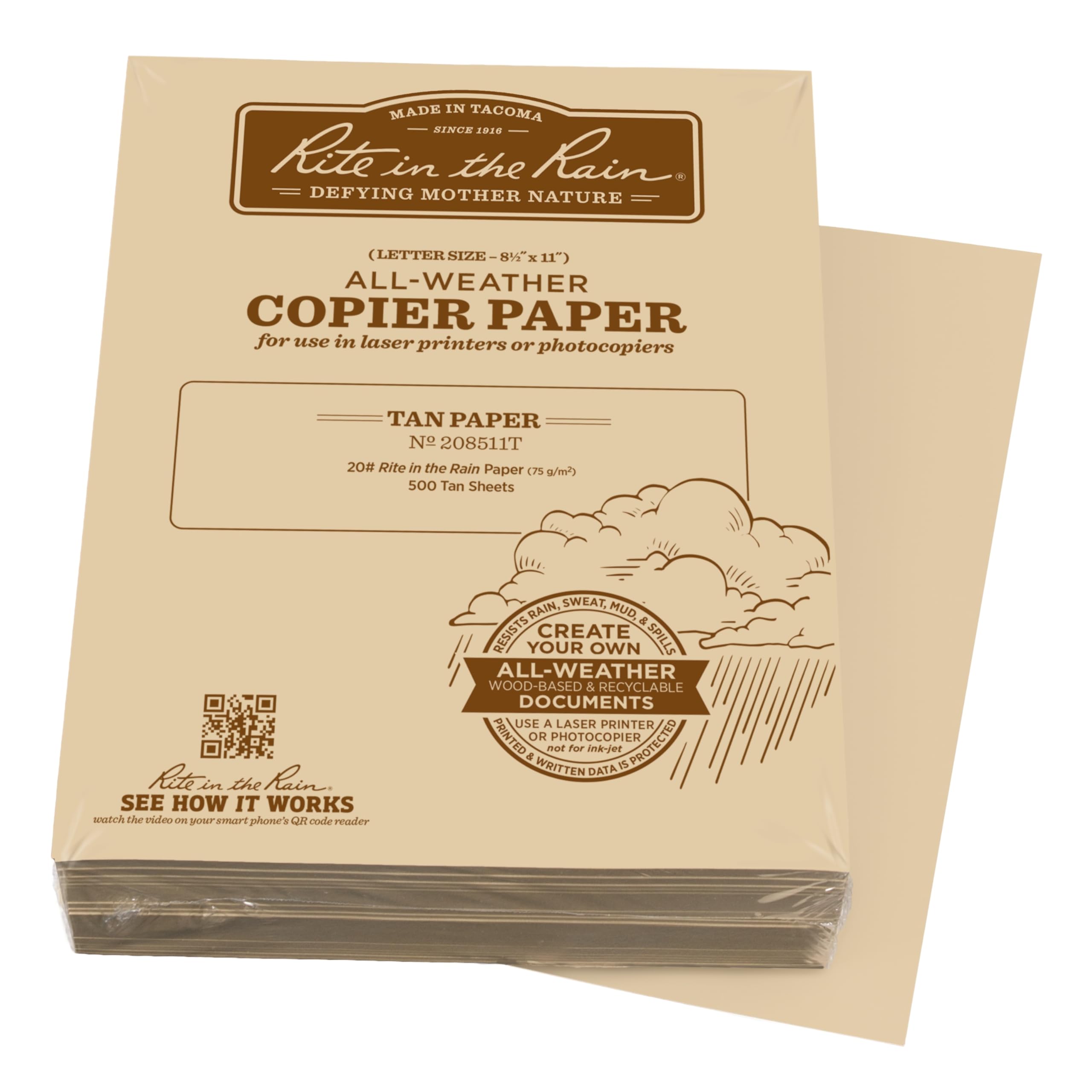 Rite In The Rain Weatherproof Bulk Copier Paper, 8.5" x 11", 20# Tan, 500 Sheet Pack (No. 208511T)