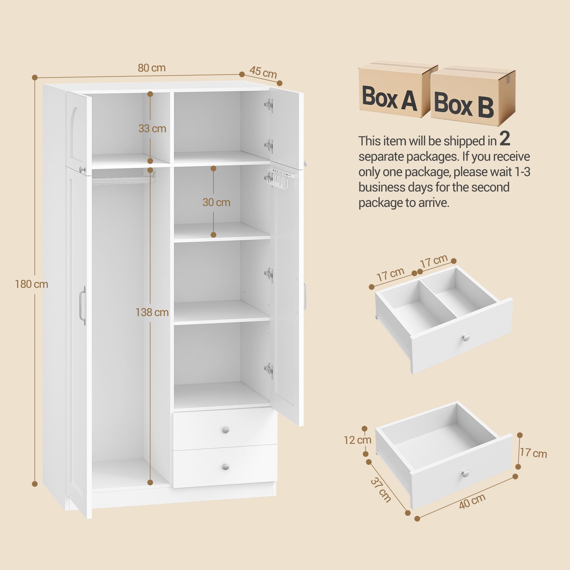 Hzuaneri Armoire avec 4 Portes 2 Tiroirs, Armoire avec Tringle et Étagère de Rangement, Penderie pour Chambre à Coucher, Chambre d'amis et Petits Espaces, Blanc, BW08003E