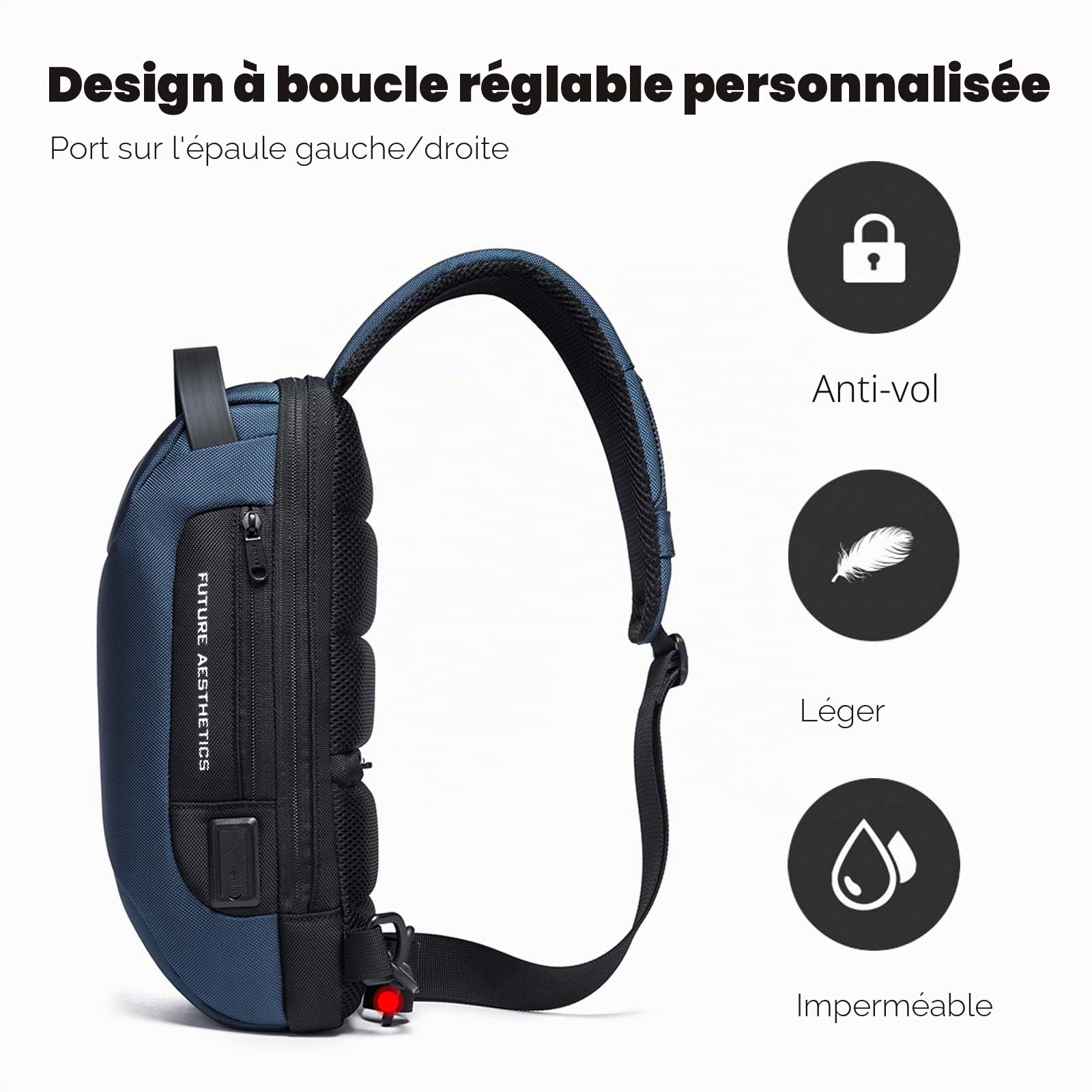 FANDARE Sac Bandoulière Anti-Vol pour Homme et Femme, Sac de Poitrine avec Port USB, Sac Crossbody Étanche, Sac à Dos Bandoulière pour Randonnée Vélo Course Voyage