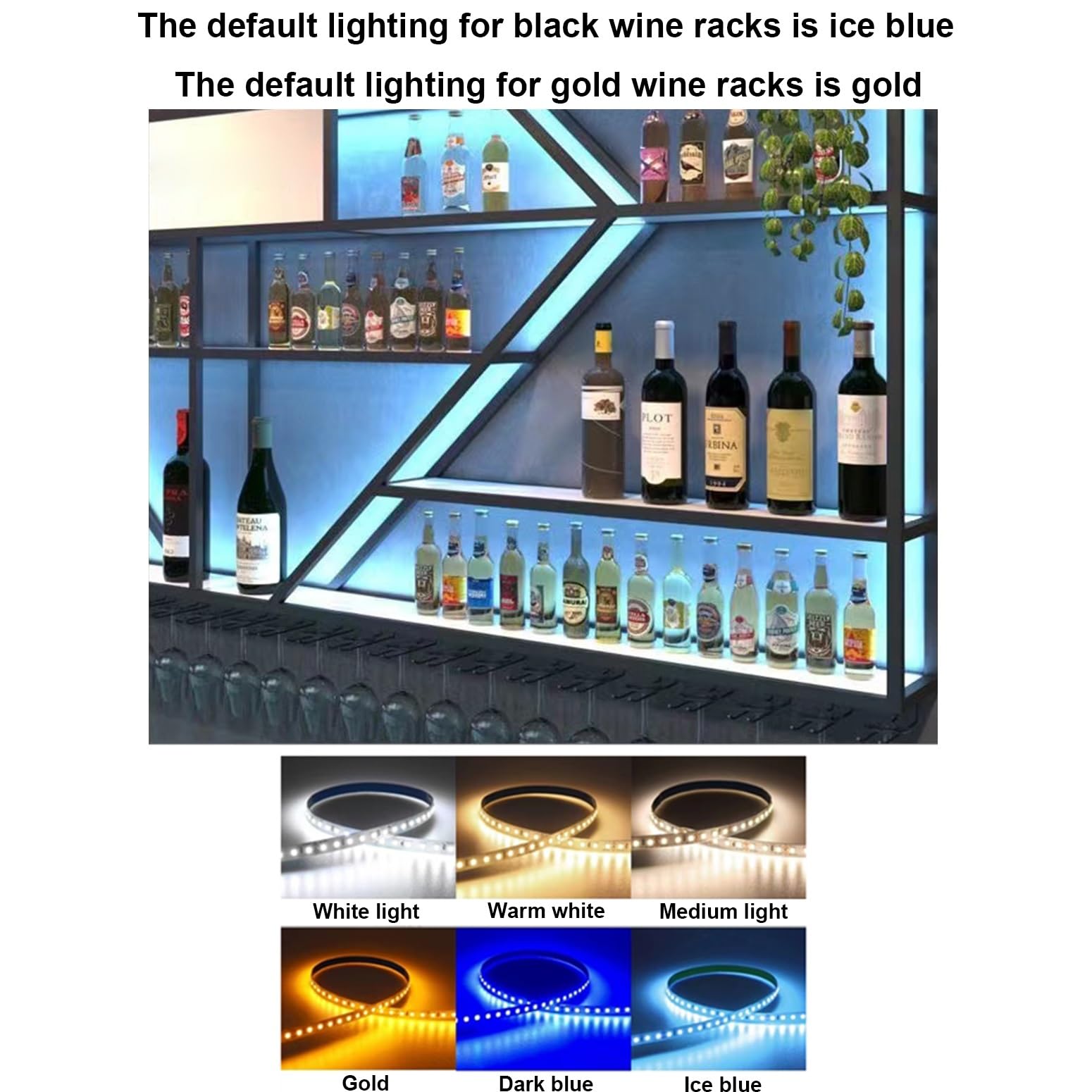 Nowoczesny ścienny metalowy stojak na wino ze światłem LED, stylowe półki do przechowywania czarnego wina do kuchni, kawiarni, domowego baru - 180 cm x 20 cm x 100 cm