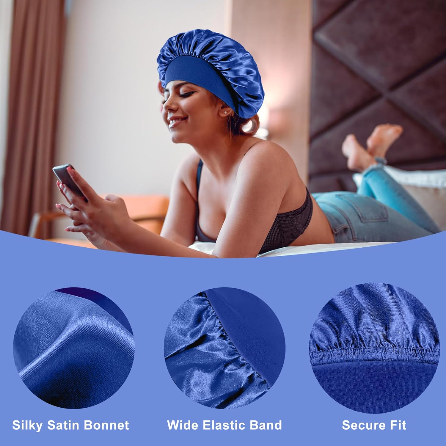 4PCS Silk Bonnet for Sleeping - Satin Hair Wrap Cap for Black Women Men, Curly Hair - Elastic Wide Band Shower Cap (Black, Sapphire Blue, Green, Purple) - Image 7