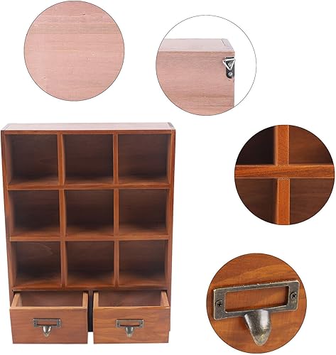 Miniatura 4 de iSamLam Mini estantería de madera de 9 cubos de almacenamiento con estante y 2 cajones, organizador abierto de madera de estilo rústico, estantes de