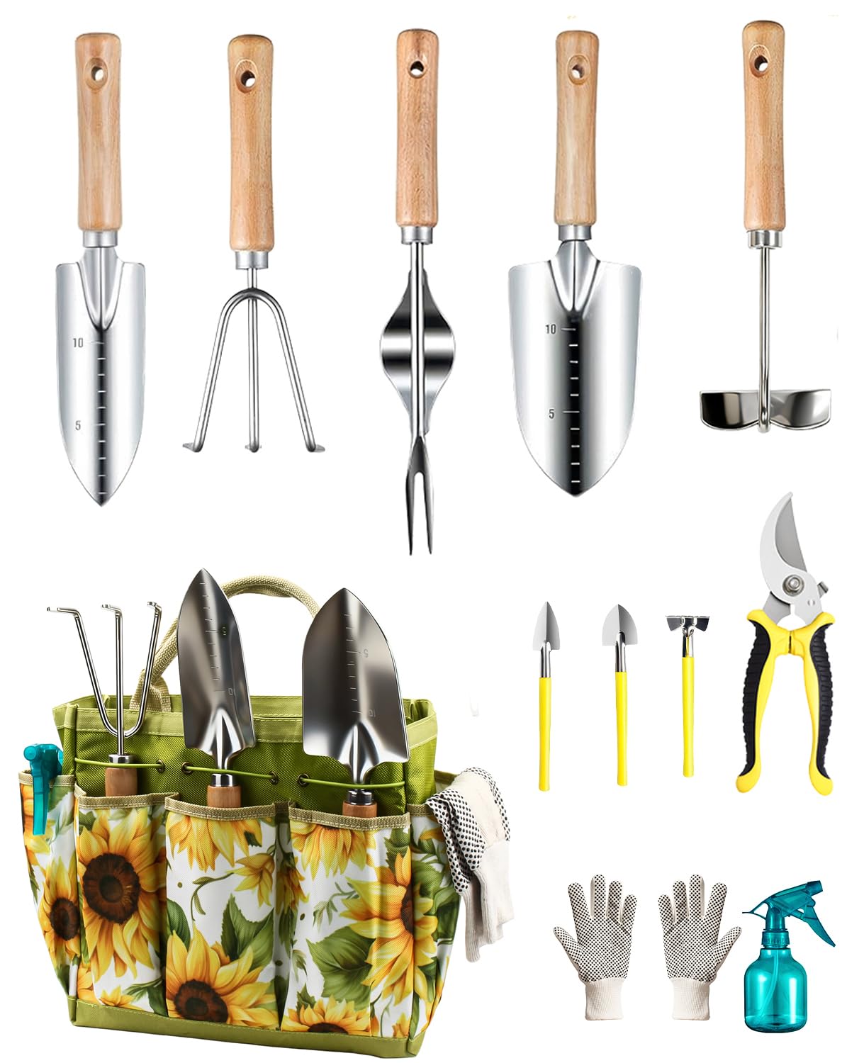 MOSFiATA Kit de Herramientas de Jardinería 12 Piezas, Acero Inoxidable de Uso Pesado con Mango de Madera Antideslizante, Incluye Bolsa Impermeable con Diseño de Girasoles
