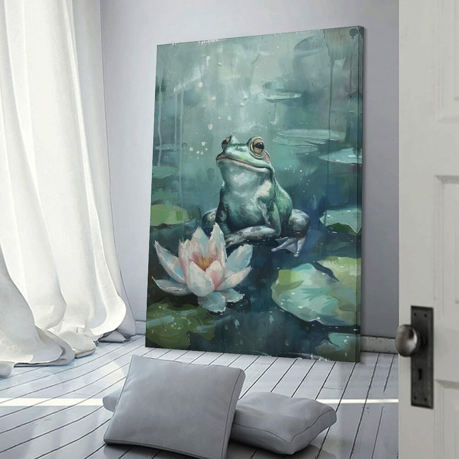 Junmoney Frog on Lily Pad Wall Decor Canvas Print, 24x36inch(60x90cm), for Flats, Guest Rooms Or Compact Rooms, A Simple Refresh for Blank Walls