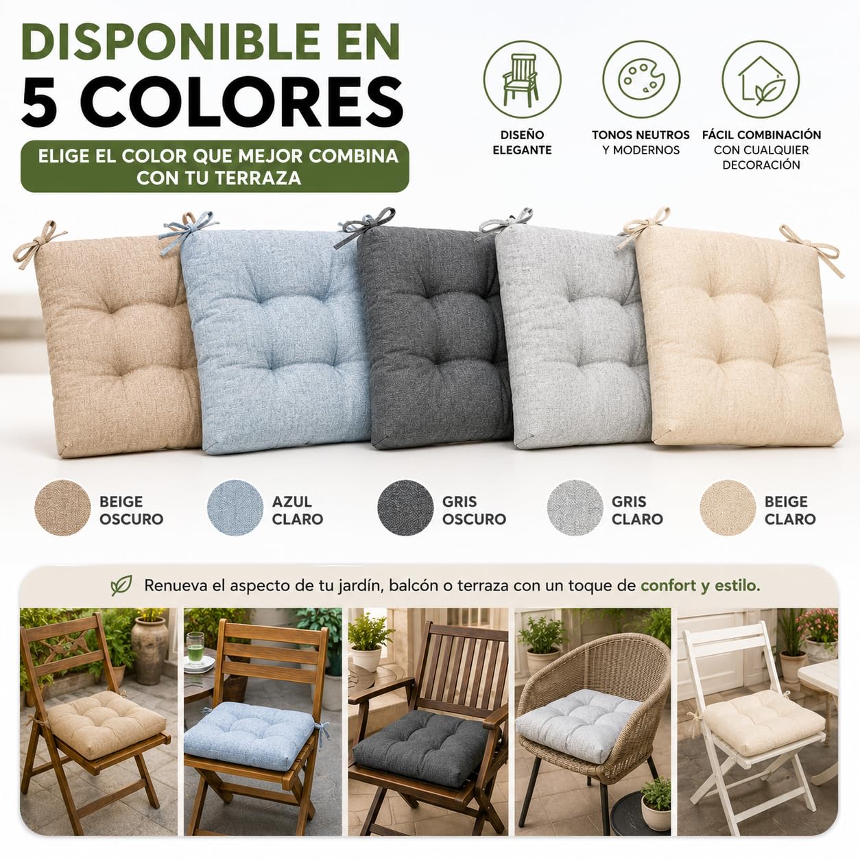 TIENDA EURASIA – Pack Cojines Sillas | Material Tela (Poliéster) | Material de Relleno 100% Poliéster | Tamaño 40x40x7 cm | 2 Cordones de Sujeción | Cojines Exterior Jardín (Beige, Pack 4)