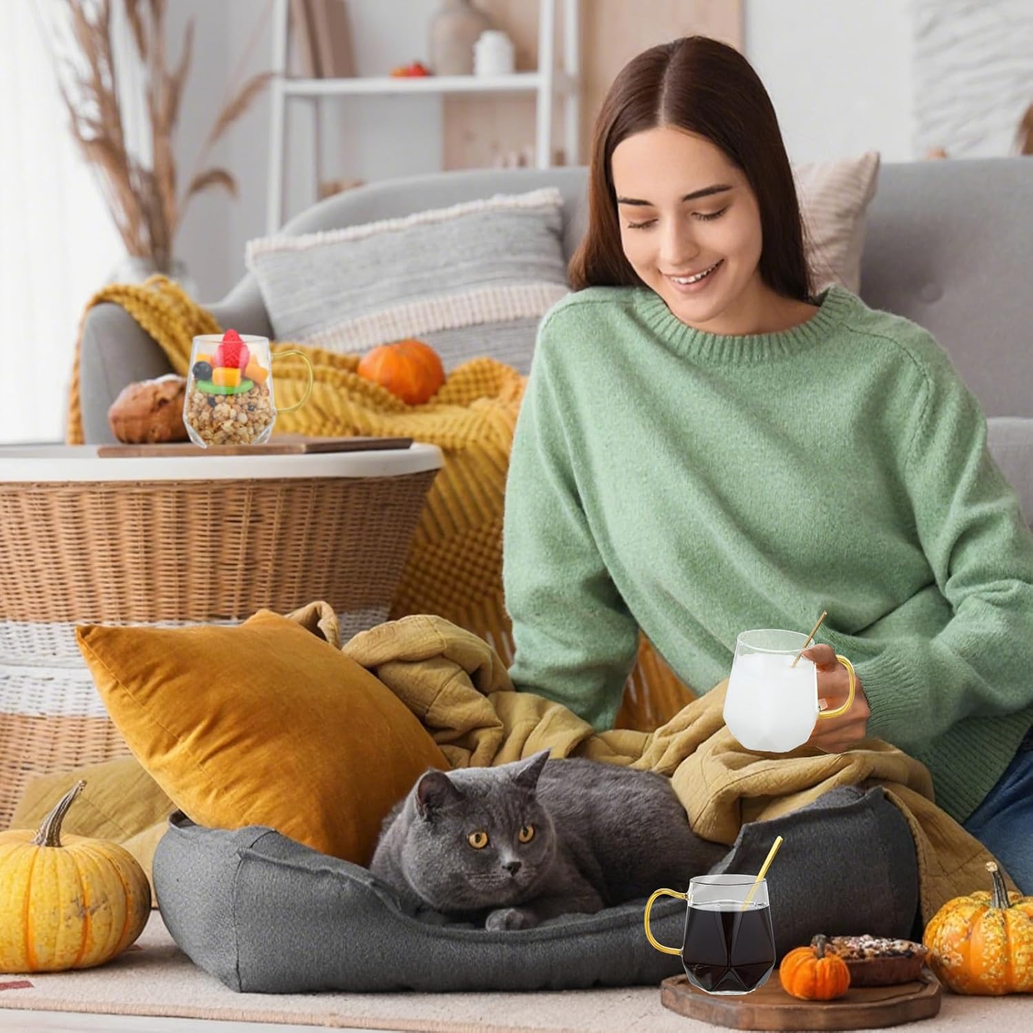 Layhit 6 Sets Glass Coffee Mugs with Handle Spoon 12 oz Clear Coffee Mugs Diamond Shaped Tea Cups Glasses for Milk, Latte, Cappuccino, Espresso, Cold or Hot Drinks