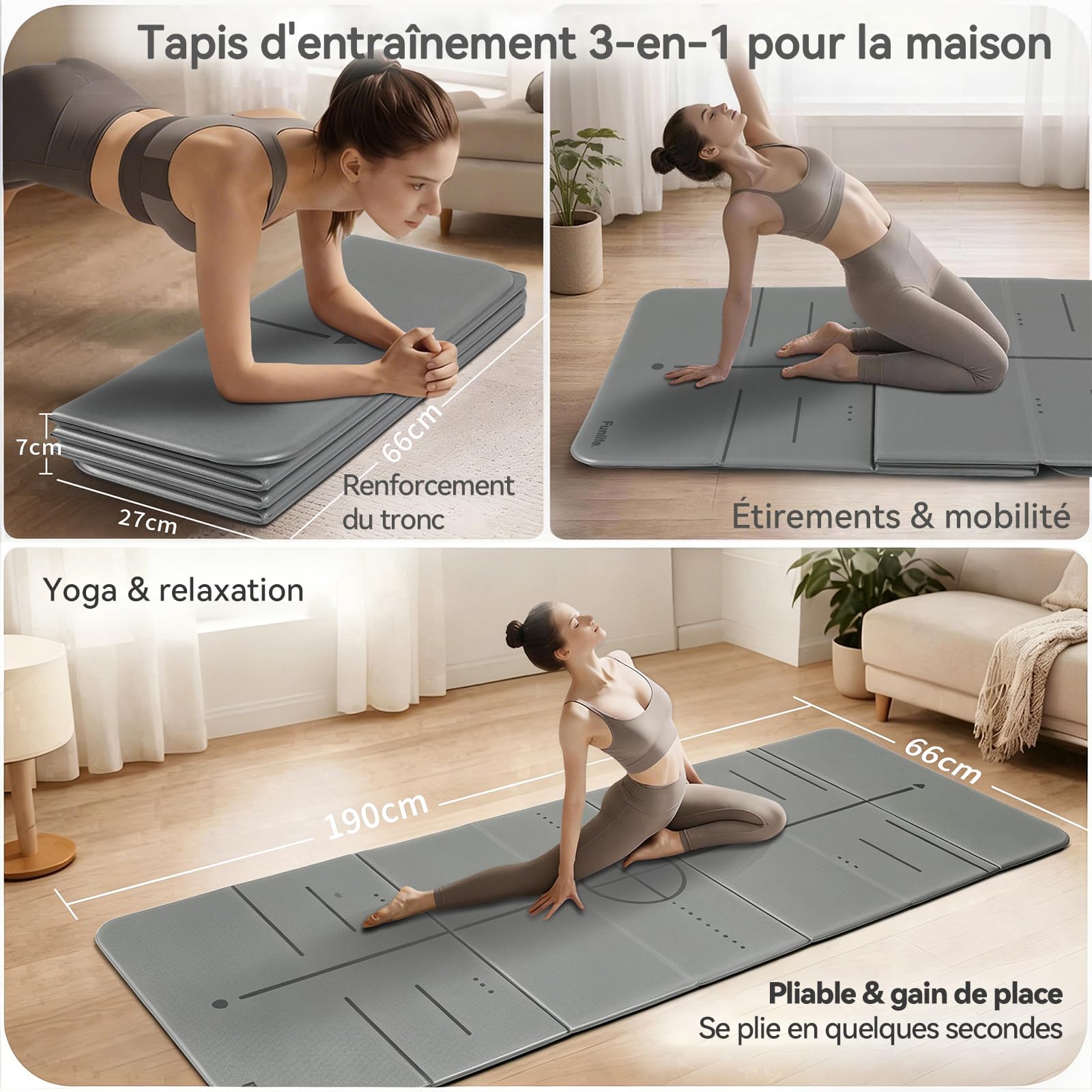 FunLife Tapis de Yoga Pliable XXL 190 × 66 cm – Épaisseur 10 mm, Tapis de Fitness et de Gym Antidérapant pour Yoga, Pilates, Entraînement à Domicile et Extérieur