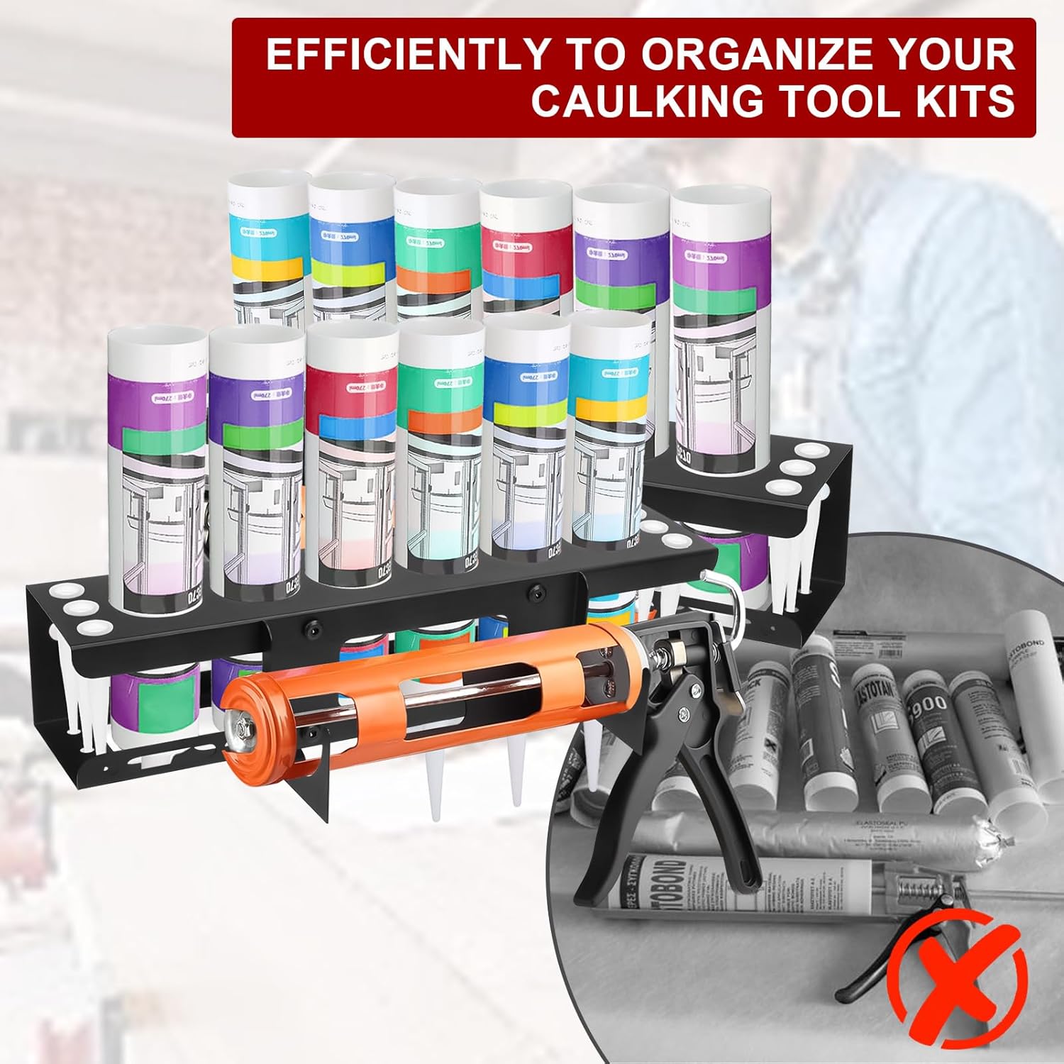 Caulking Gun and Tube Holder - Heavy-Duty Wall Mounted Hand Caulk Tools Storage Rack, Holds 6 Tubes, Organizer for Workshop, Shop, Garage, 41x8.5x8.5cm (2Pcs)