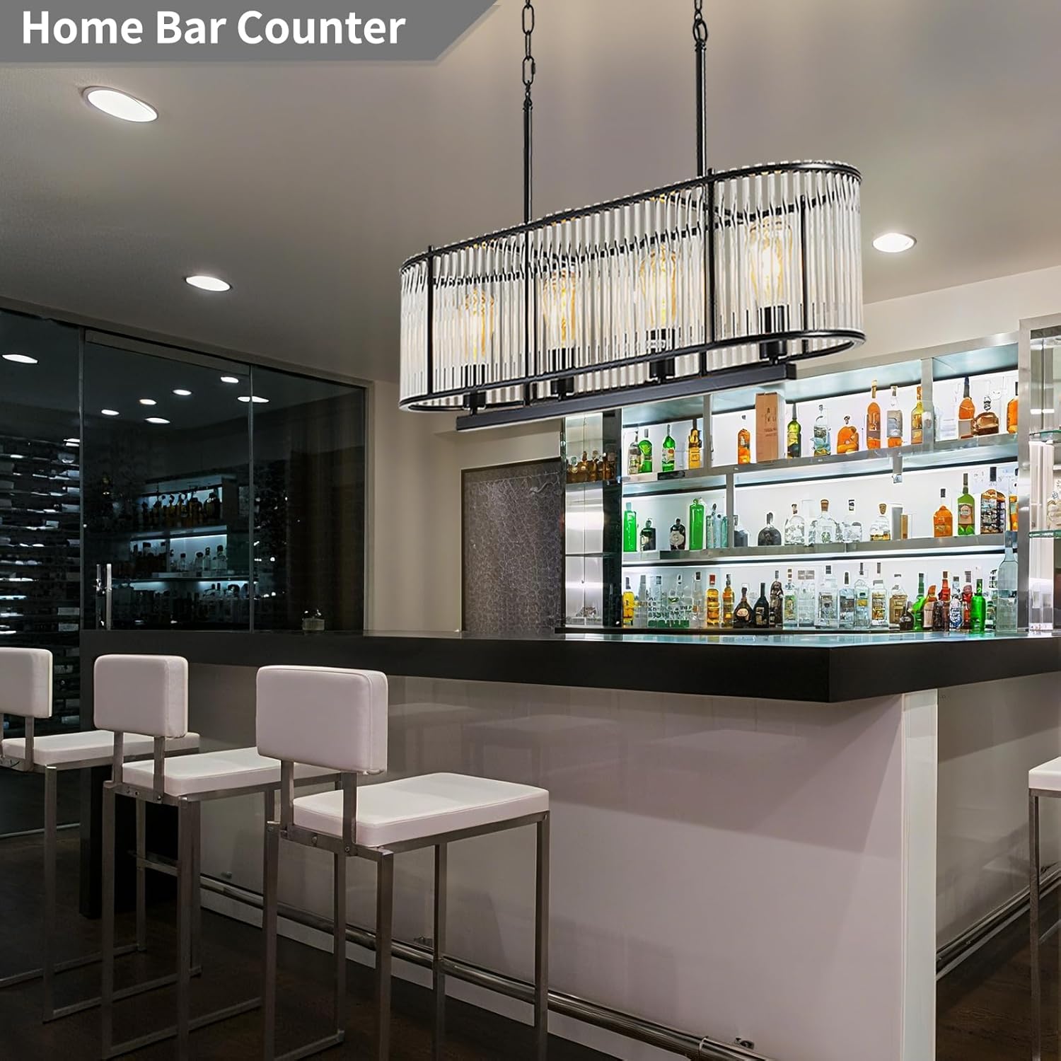 Modern Black Linear Pendant Light, 30.7" 4-Light Rectangular Chandelier with K9 Ribbed Crystal Glass, Industrial Kitchen Island Lighting for Dining Room, Bar, Living Room