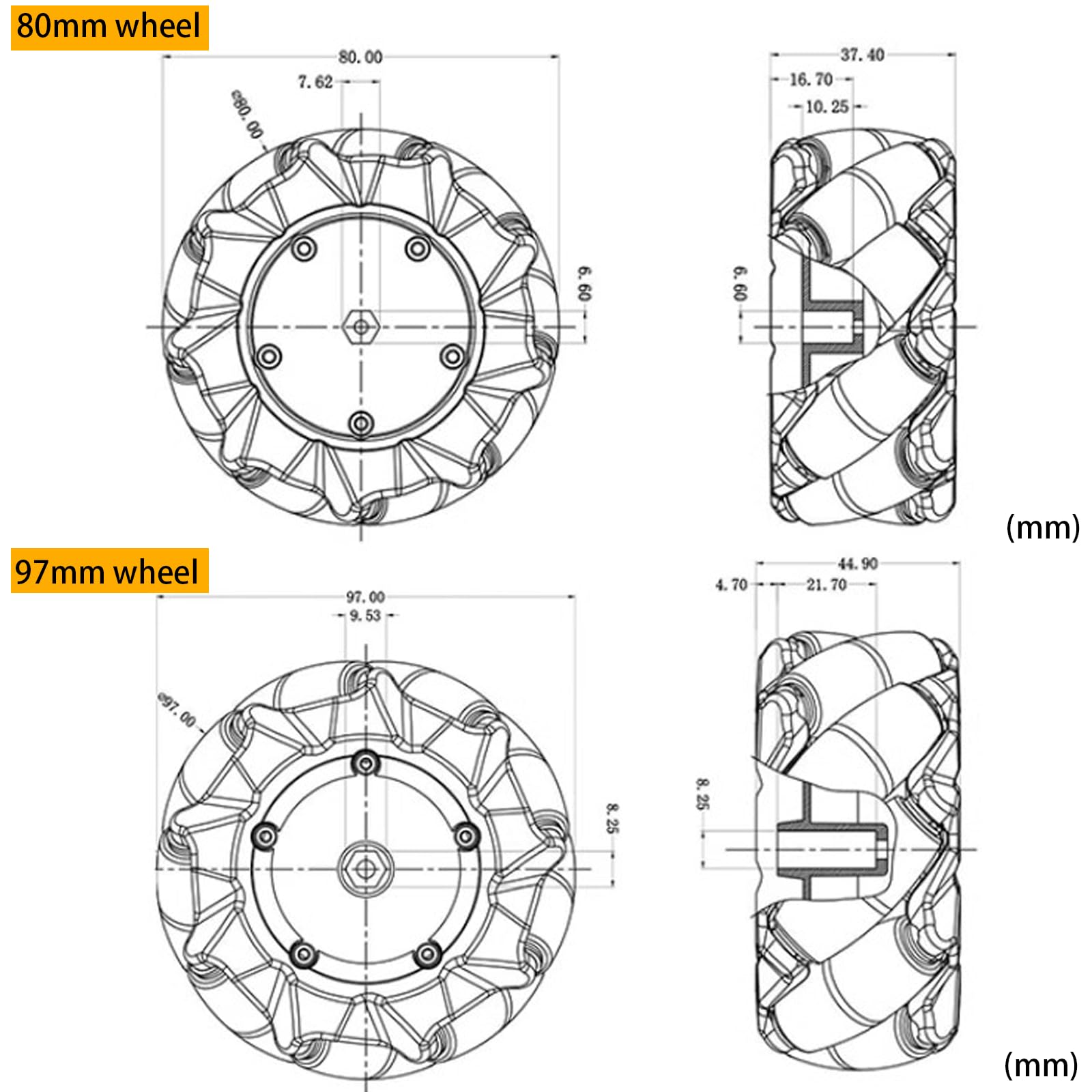 Mecanum Wheels Allrad-Räder omnidirektionale Räder mit Metallkupplung kompatibel mit Arduino Raspberry Pi Microbit AGV-Roboter DIY-Kit 80mm